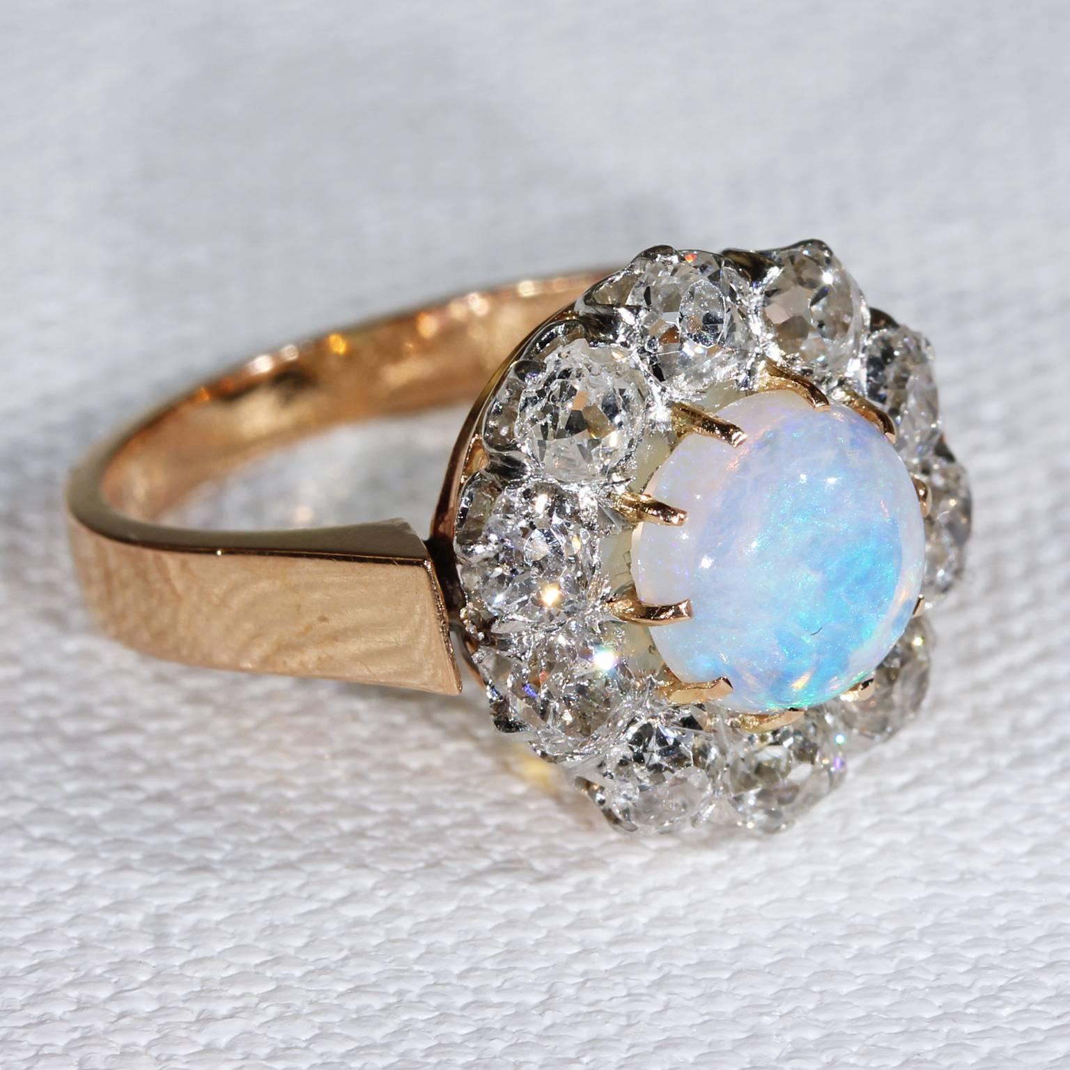 Victorian 1900s French Opal Diamond Cluster Ring