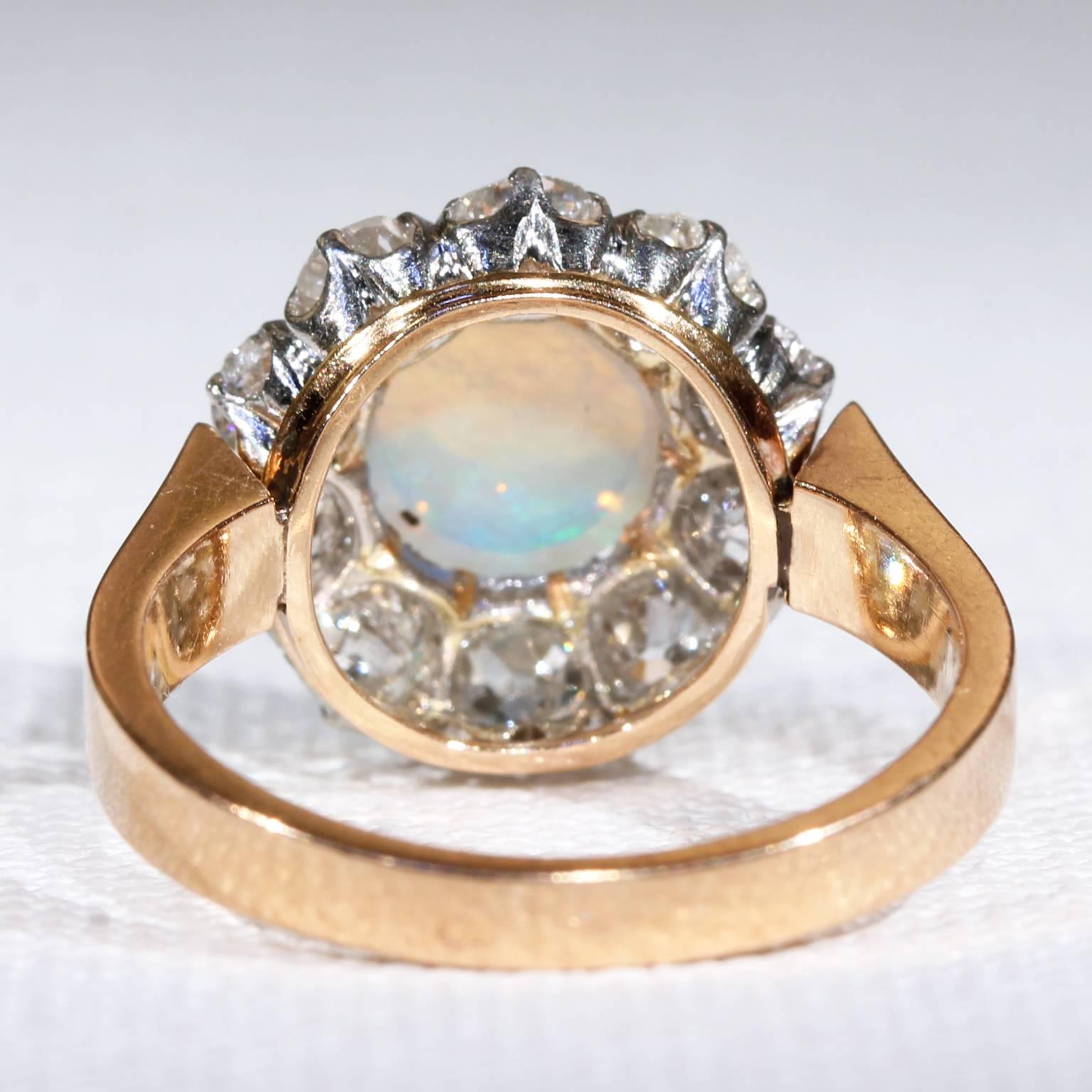 Cushion Cut 1900s French Opal Diamond Cluster Ring