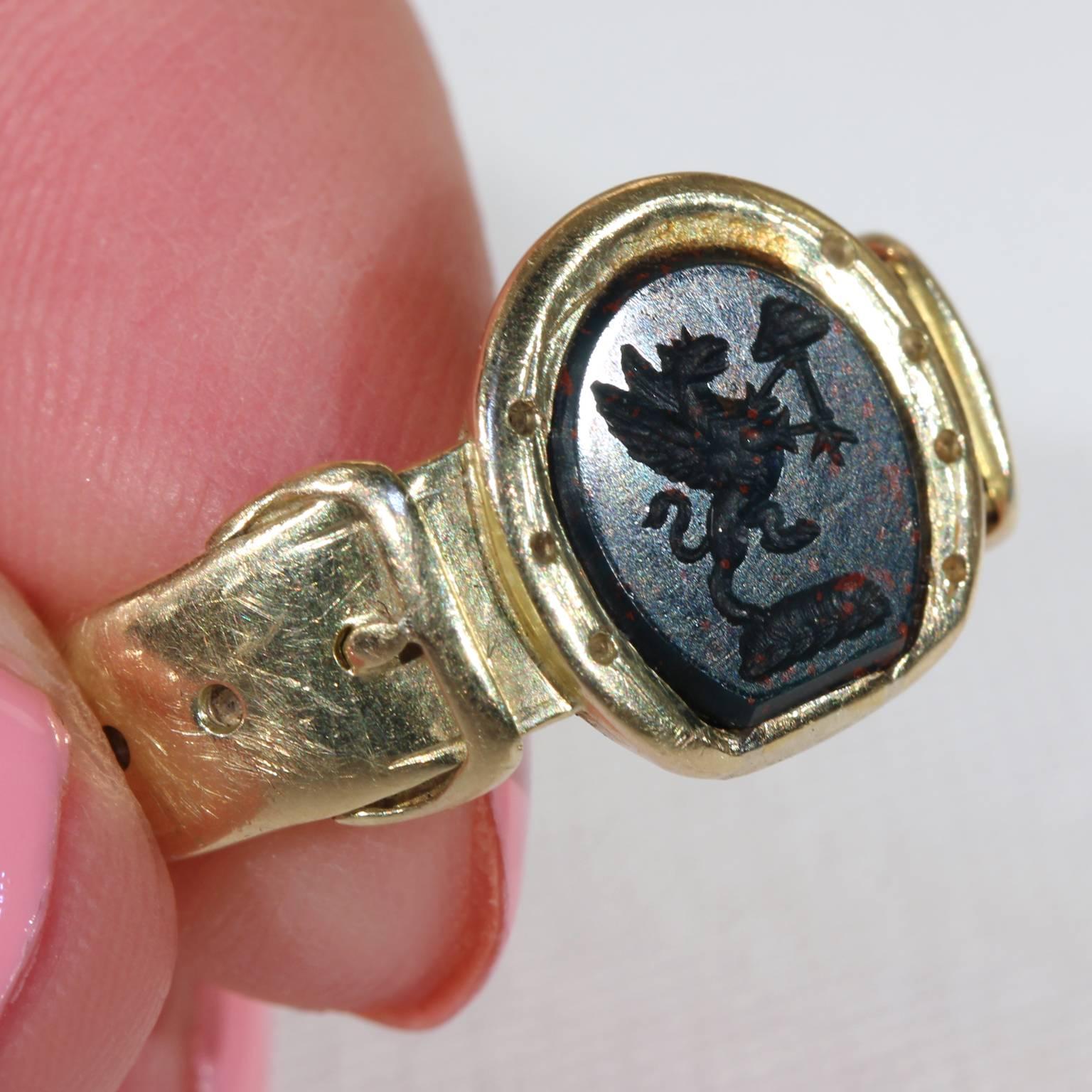 Women's or Men's Victorian Bloodstone Intaglio Gold Signet Ring