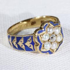 Victorian Blue Enamel Pearl Diamond Memorial Ring