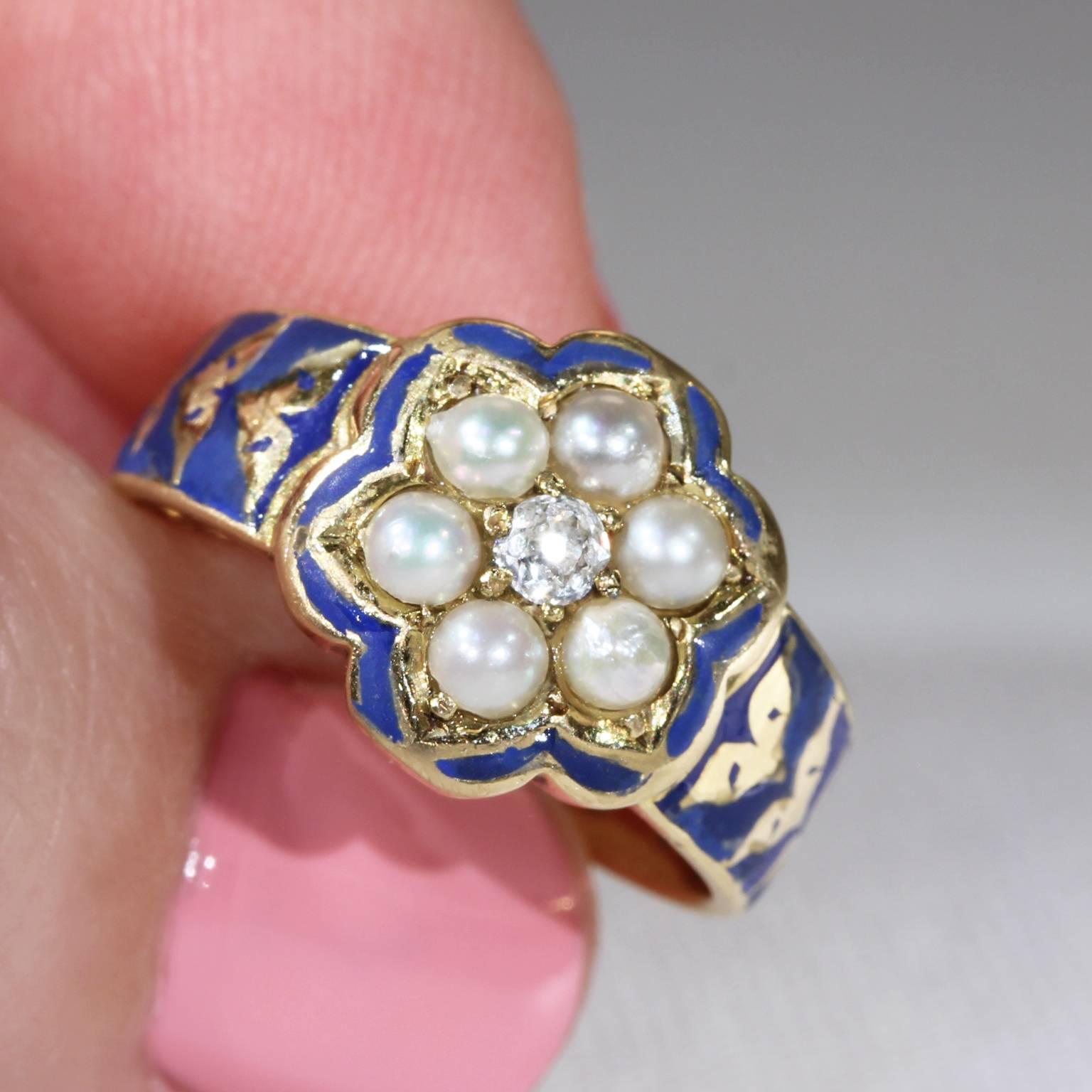 Old European Cut Victorian Blue Enamel Pearl Diamond Memorial Ring