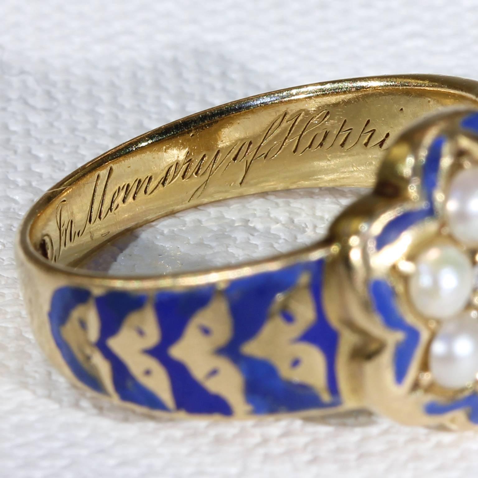 Victorian Blue Enamel Pearl Diamond Memorial Ring In Good Condition In Middleton, WI