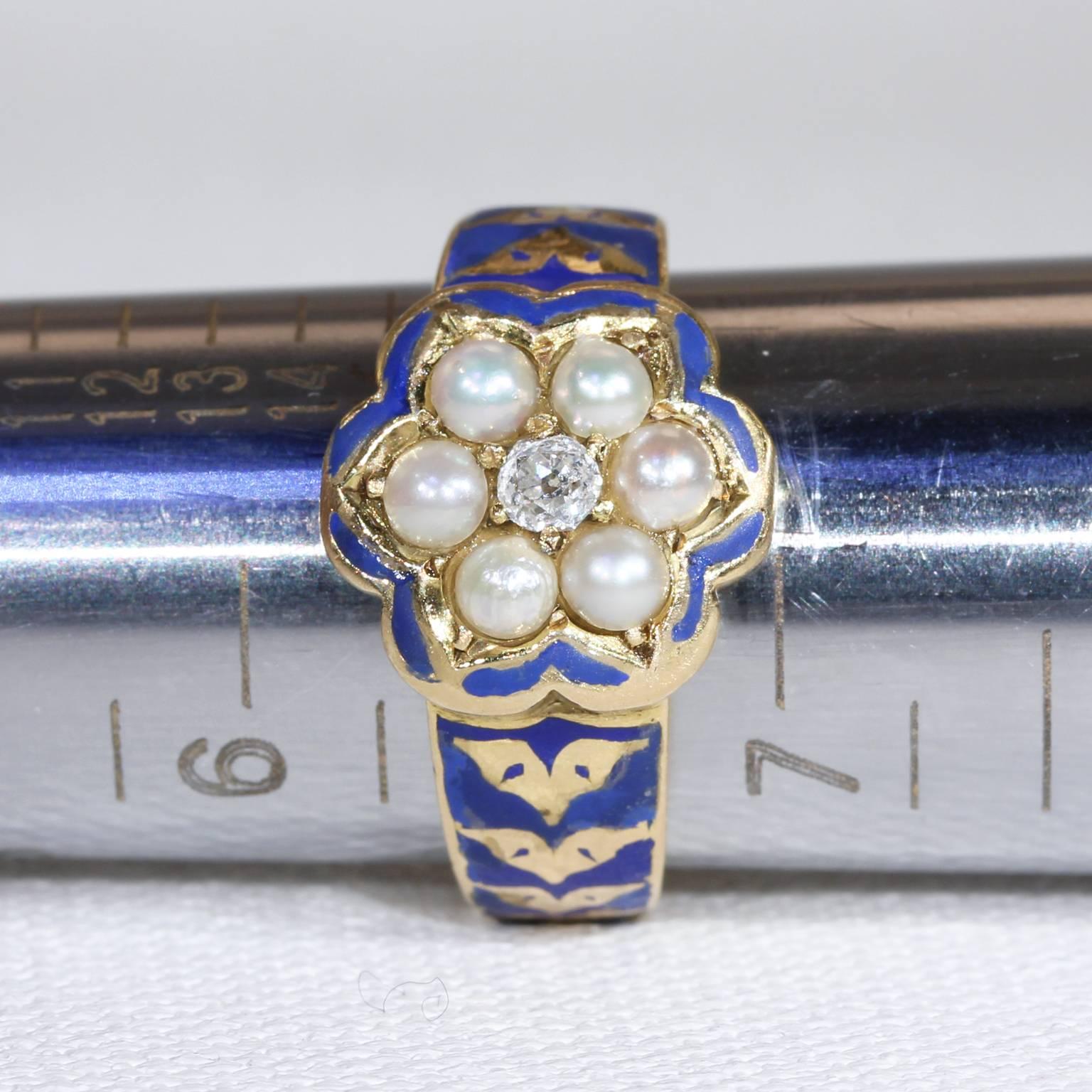 Victorian Blue Enamel Pearl Diamond Memorial Ring 2