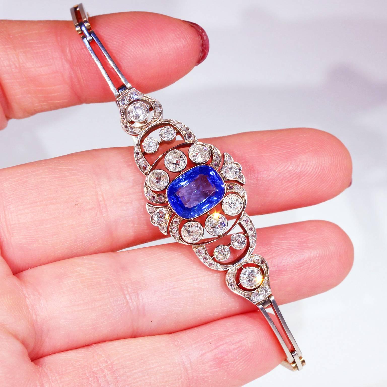 Pre-Revolutionary Russian Untreated Ceylon Sapphire and Diamond Bracelet In Excellent Condition For Sale In Middleton, WI