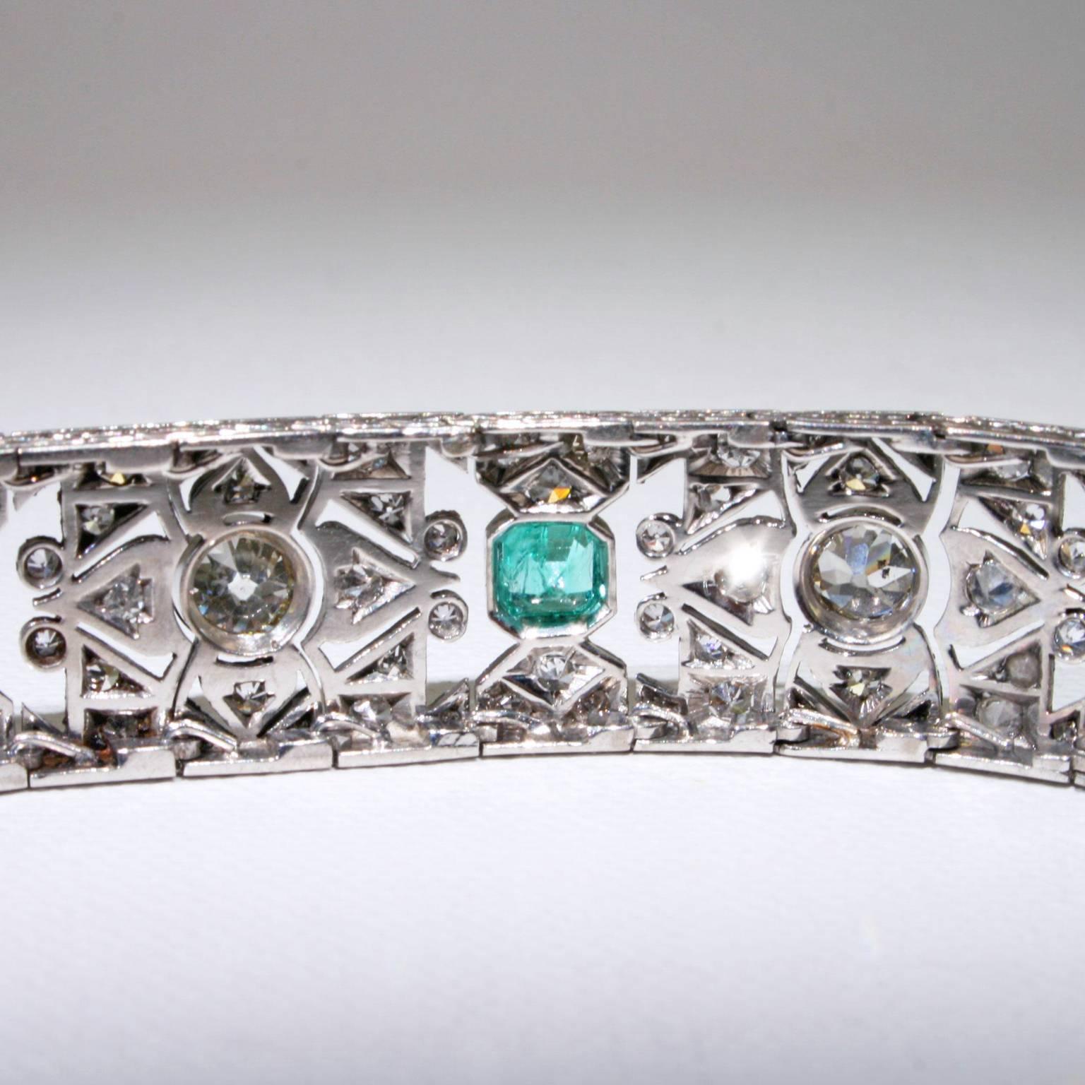 Art Deco Diamond Emerald Platinum Bracelet In Excellent Condition For Sale In Middleton, WI