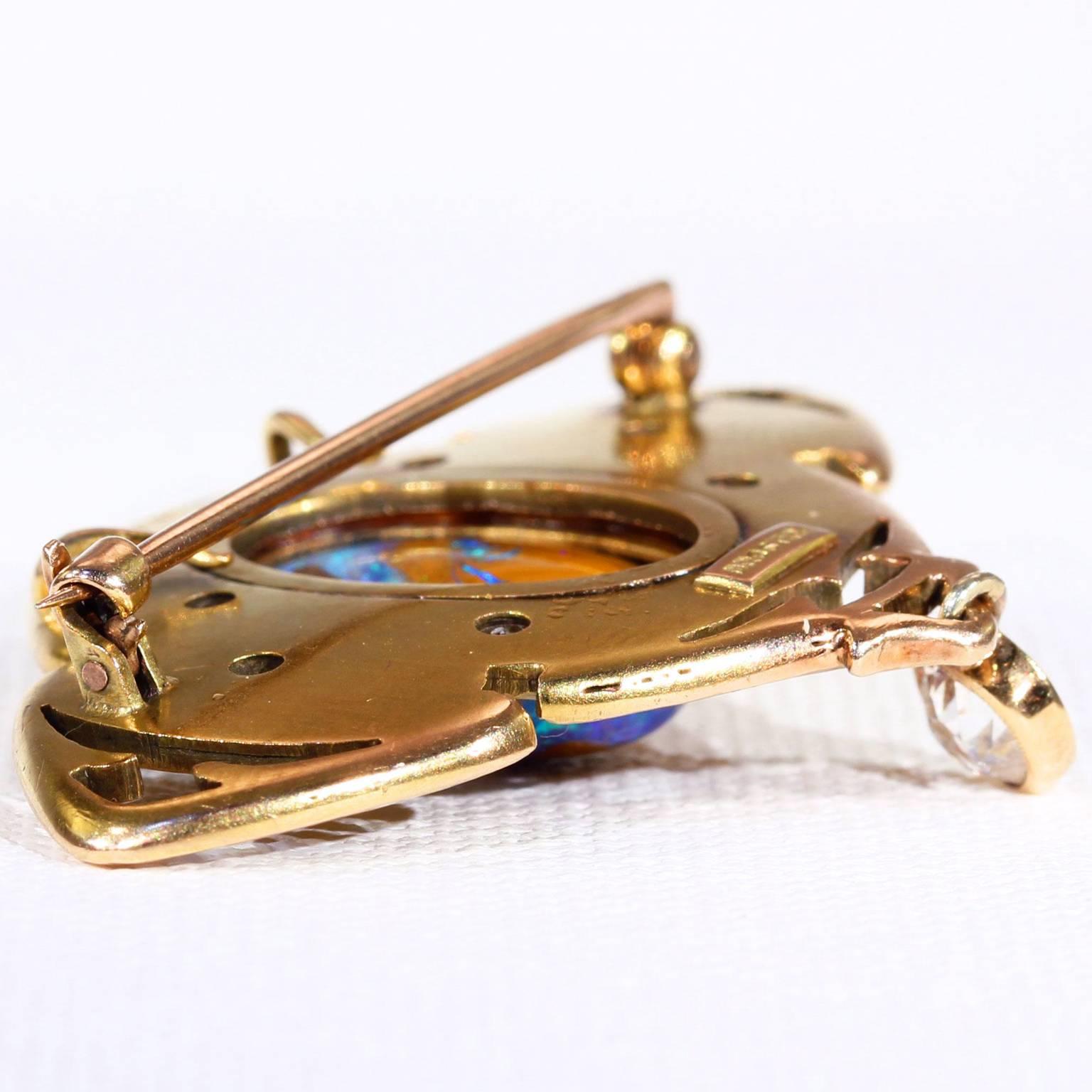 Art Nouveau Art & Crafts Boulder Opal Diamond Gold Brooch Pin Pendant For Sale