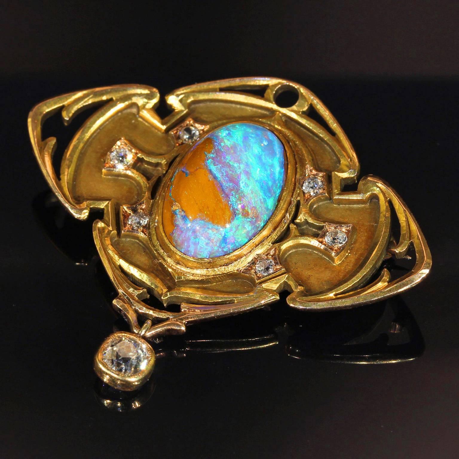 Women's or Men's Art & Crafts Boulder Opal Diamond Gold Brooch Pin Pendant For Sale