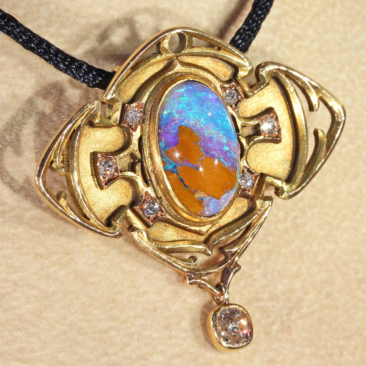 Art & Crafts Boulder Opal Diamond Gold Brooch Pin Pendant For Sale 1