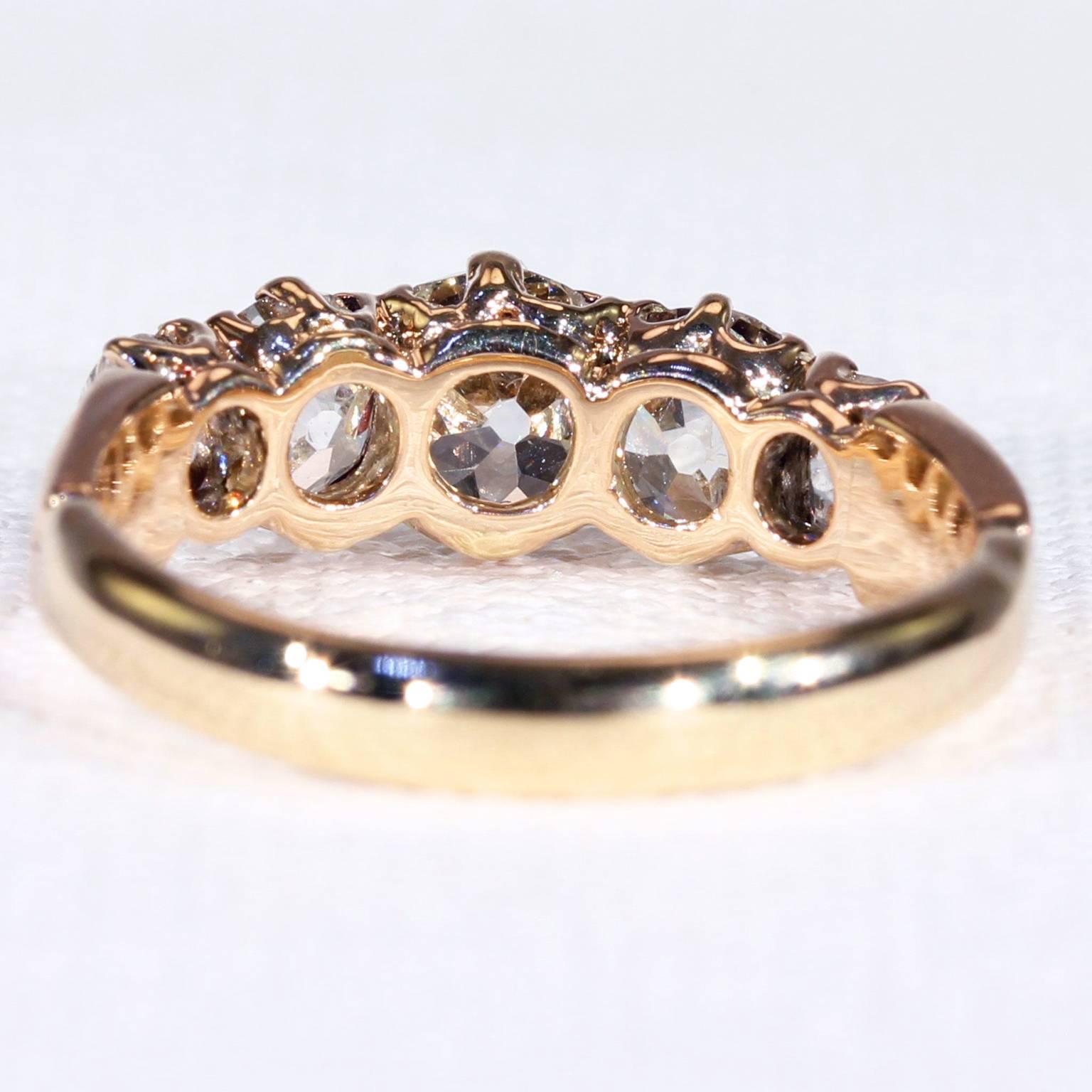 Victorian Five-Stone 2 Carat Diamonds Rose Gold Ring In Excellent Condition In Middleton, WI