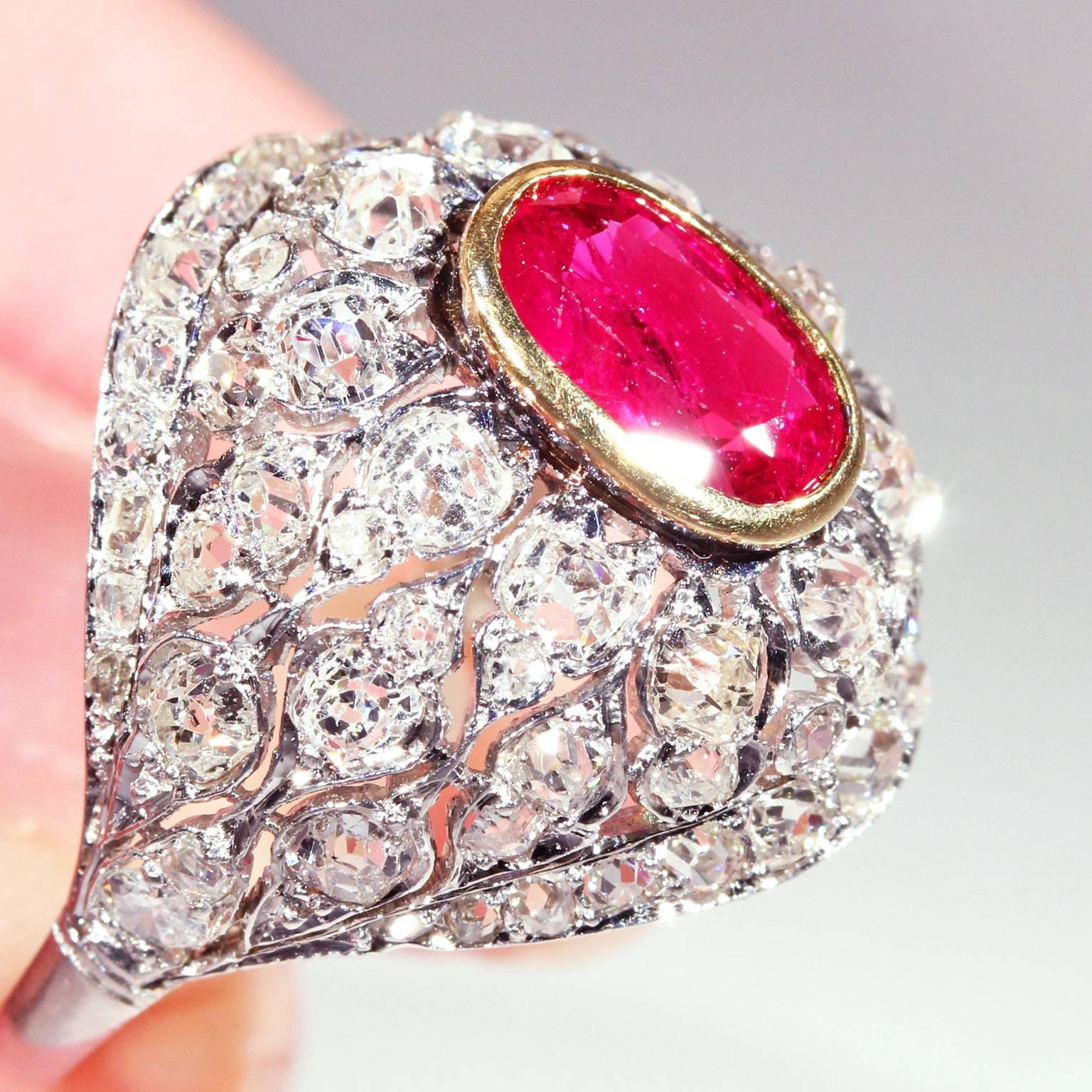 French Belle Époque Untreated Ruby Diamond Gold Ring For Sale 2