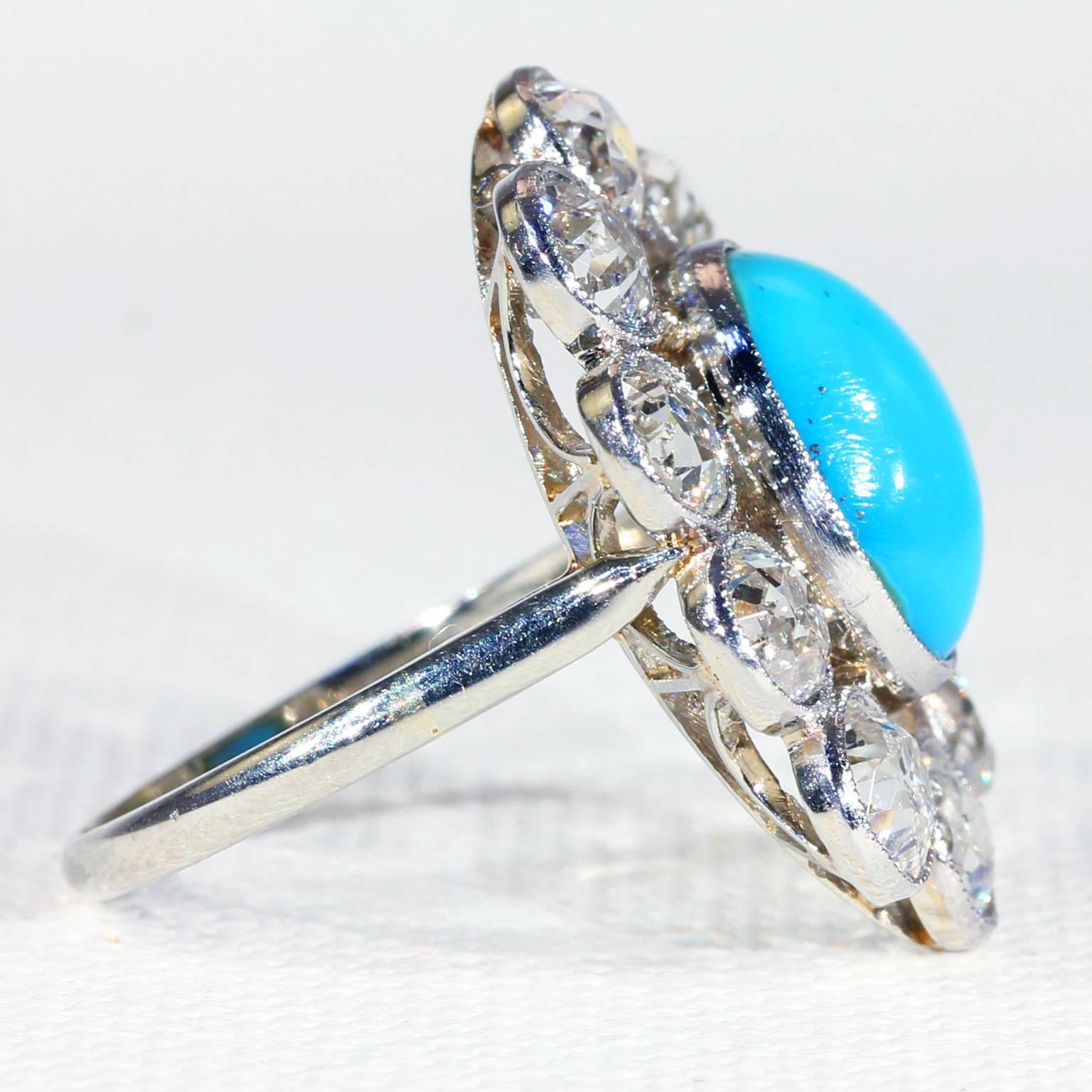 Old European Cut French Belle Époque Turquoise Diamond Gold Platinum Cluster Ring For Sale
