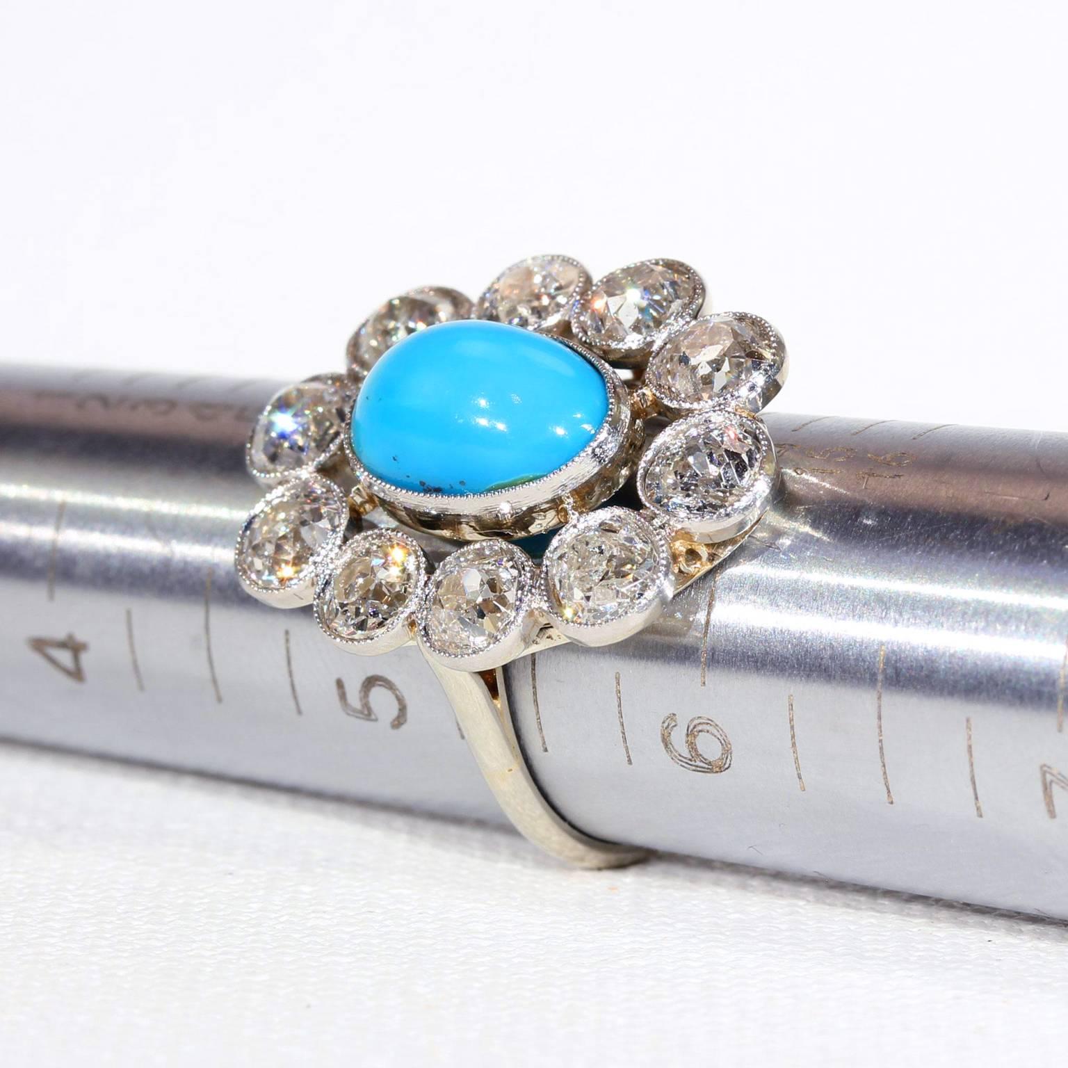French Belle Époque Turquoise Diamond Gold Platinum Cluster Ring In Excellent Condition For Sale In Middleton, WI