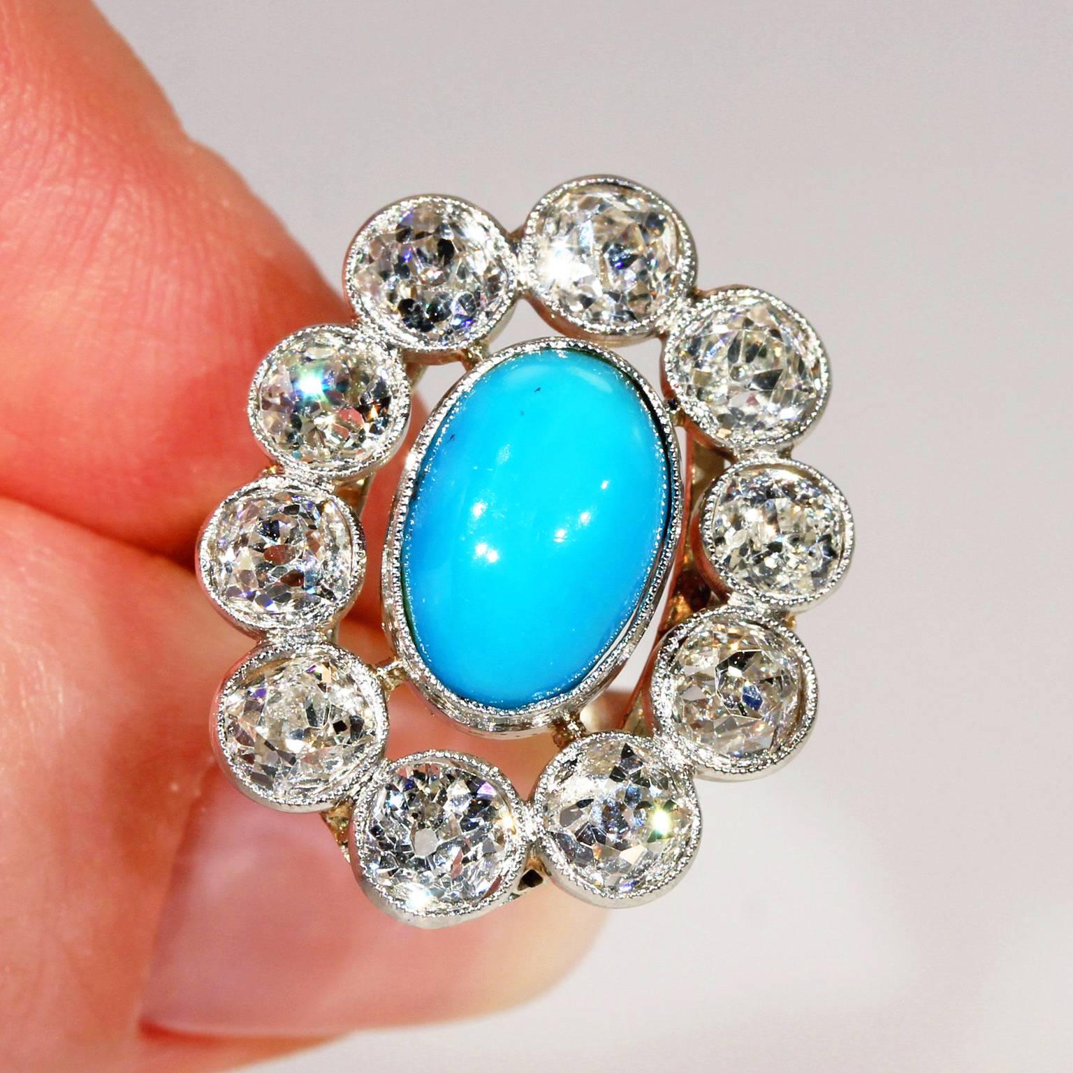 French Belle Époque Turquoise Diamond Gold Platinum Cluster Ring For Sale 1