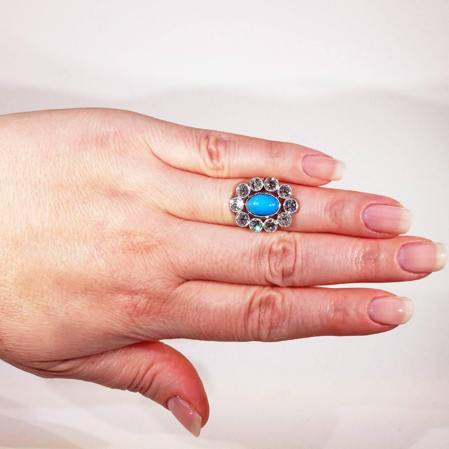 Women's or Men's French Belle Époque Turquoise Diamond Gold Platinum Cluster Ring For Sale