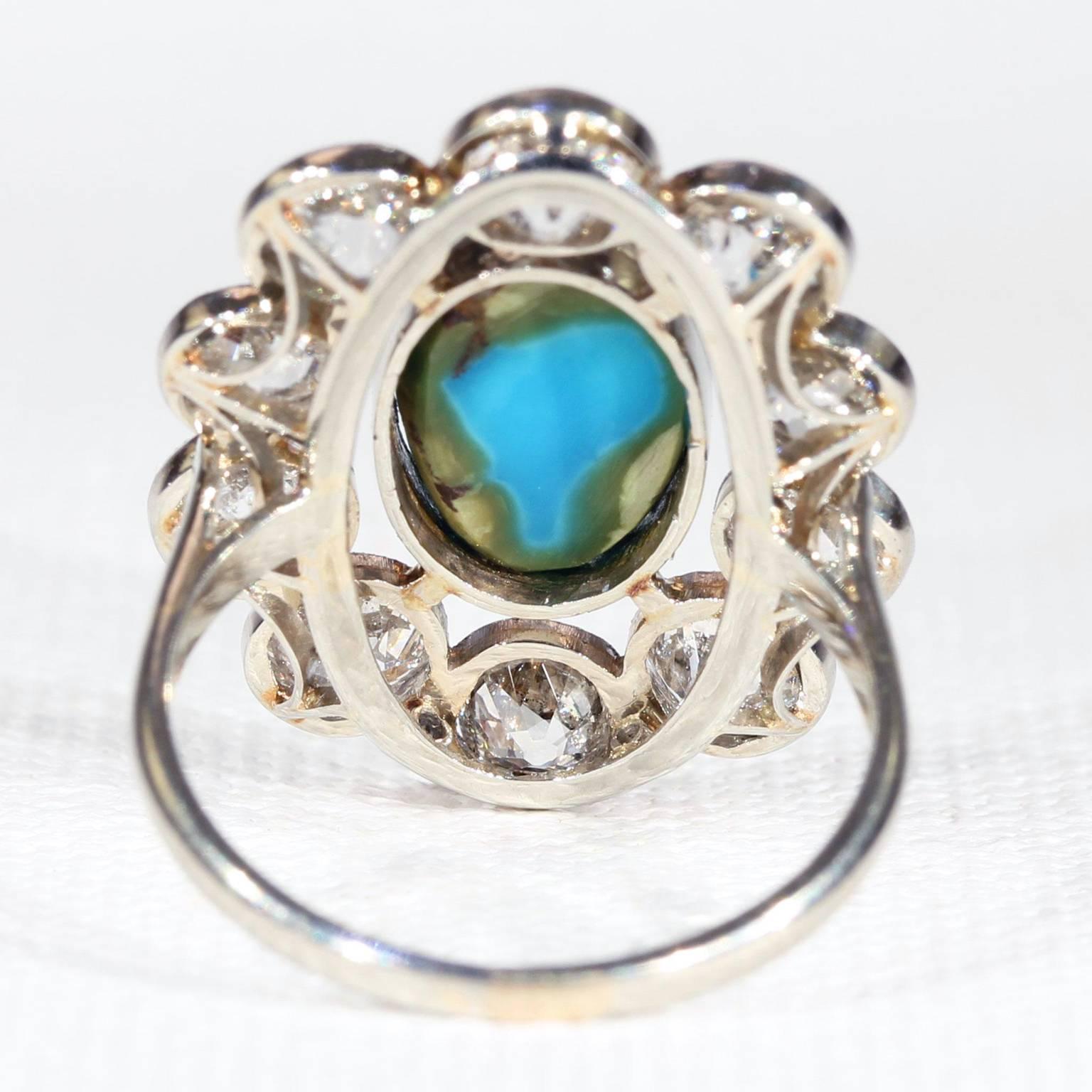French Belle Époque Turquoise Diamond Gold Platinum Cluster Ring For Sale 2