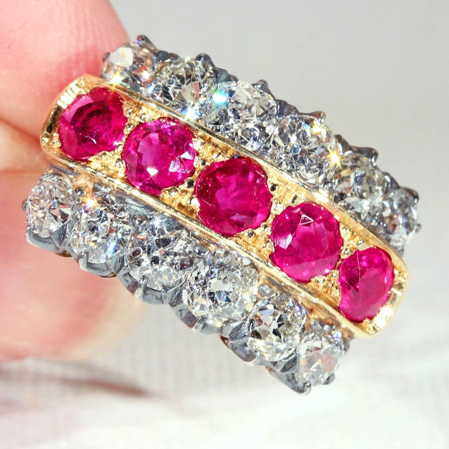 Old European Cut Victorian Diamond Ruby Silver Gold Ring For Sale