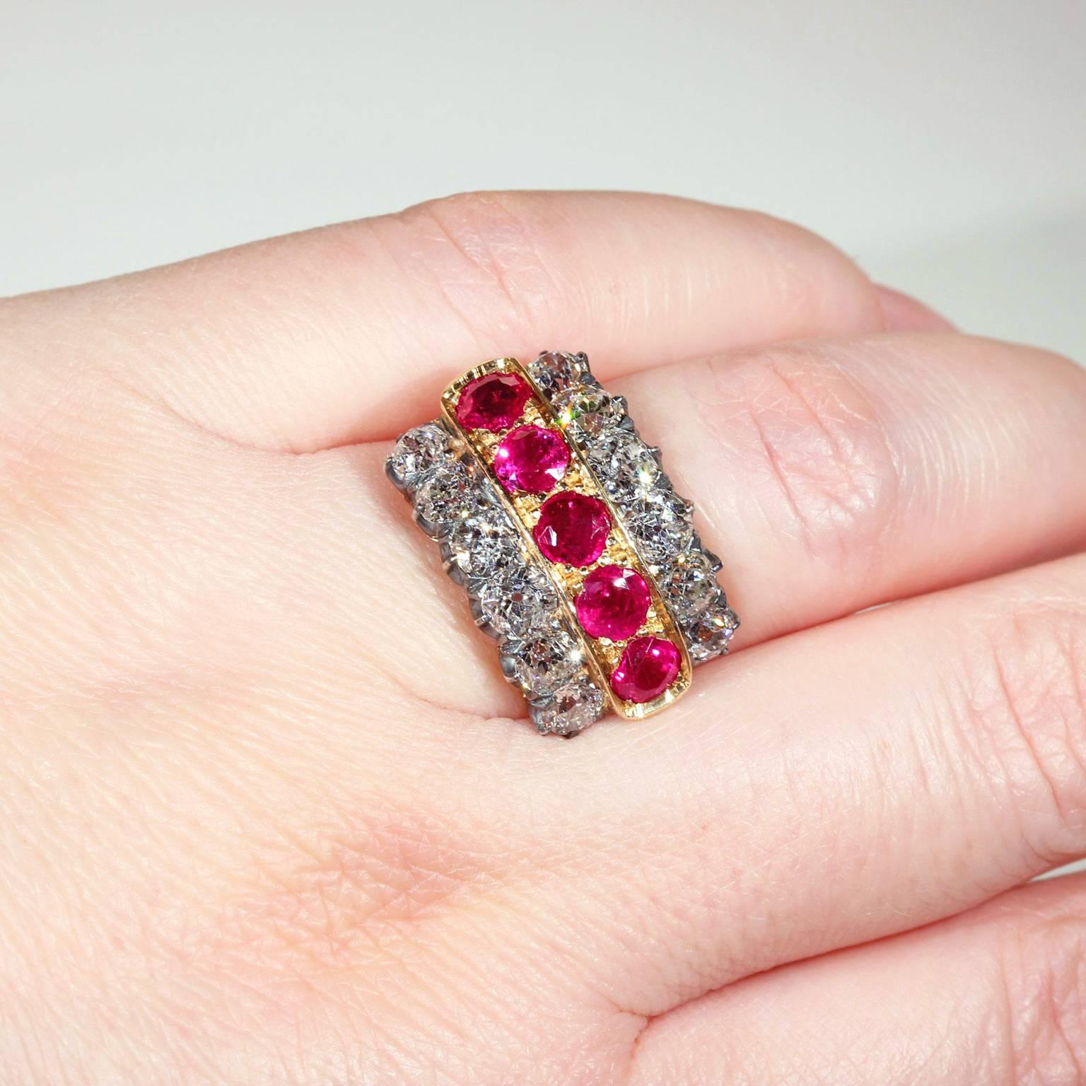 Victorian Diamond Ruby Silver Gold Ring In Excellent Condition For Sale In Middleton, WI