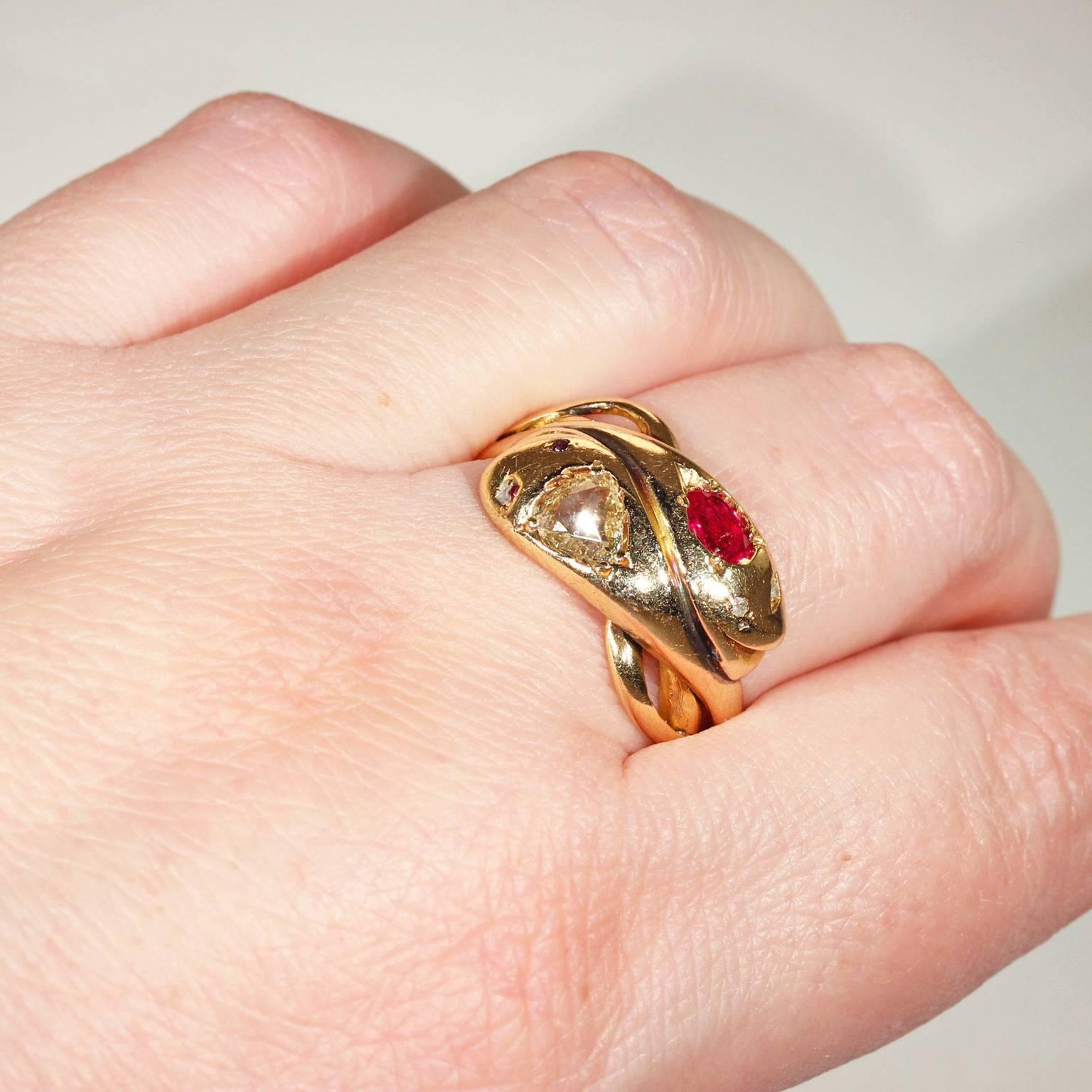 Victorian Ruby Diamond Gold Double Snake Ring   In Excellent Condition For Sale In Middleton, WI