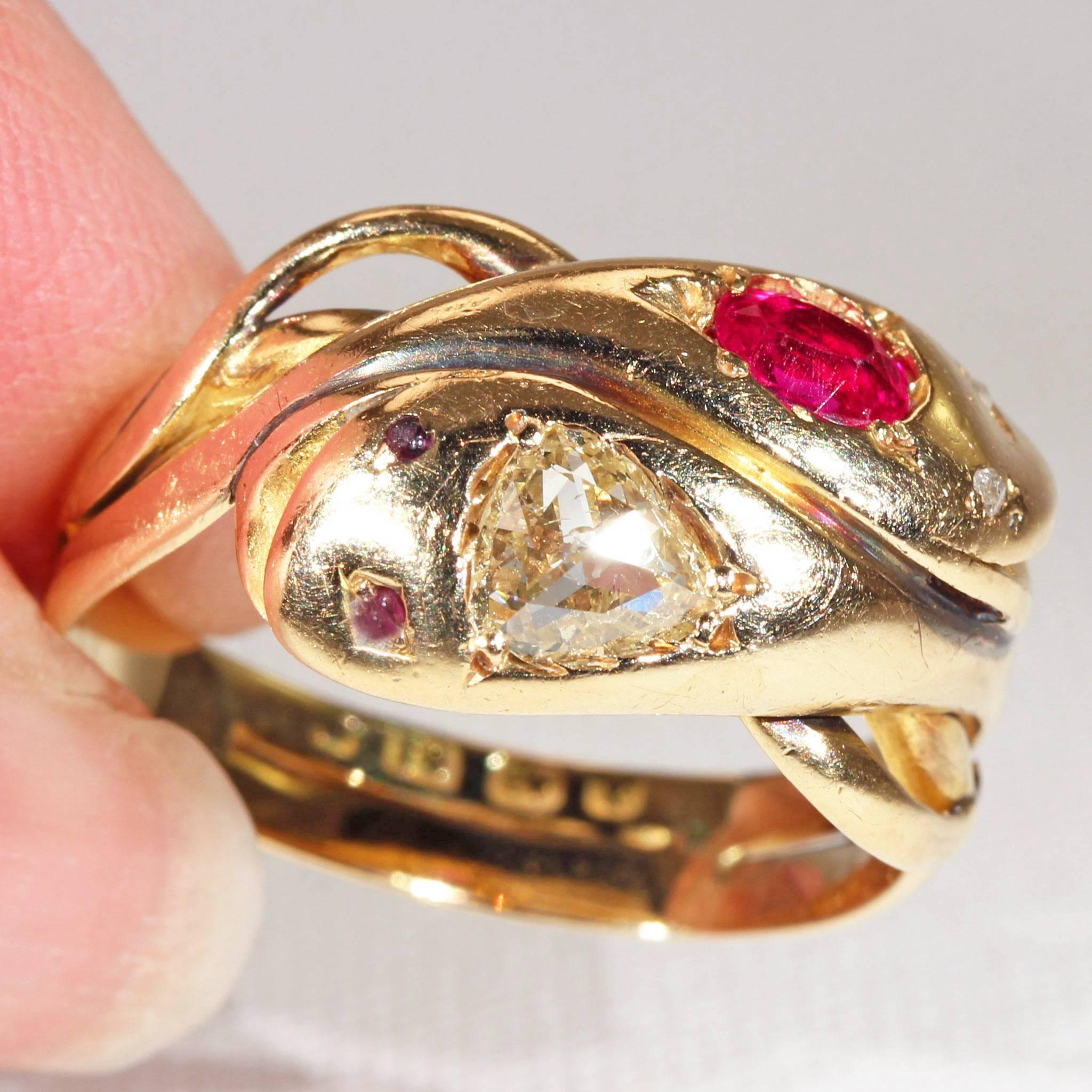 Victorian Ruby Diamond Gold Double Snake Ring   For Sale 1
