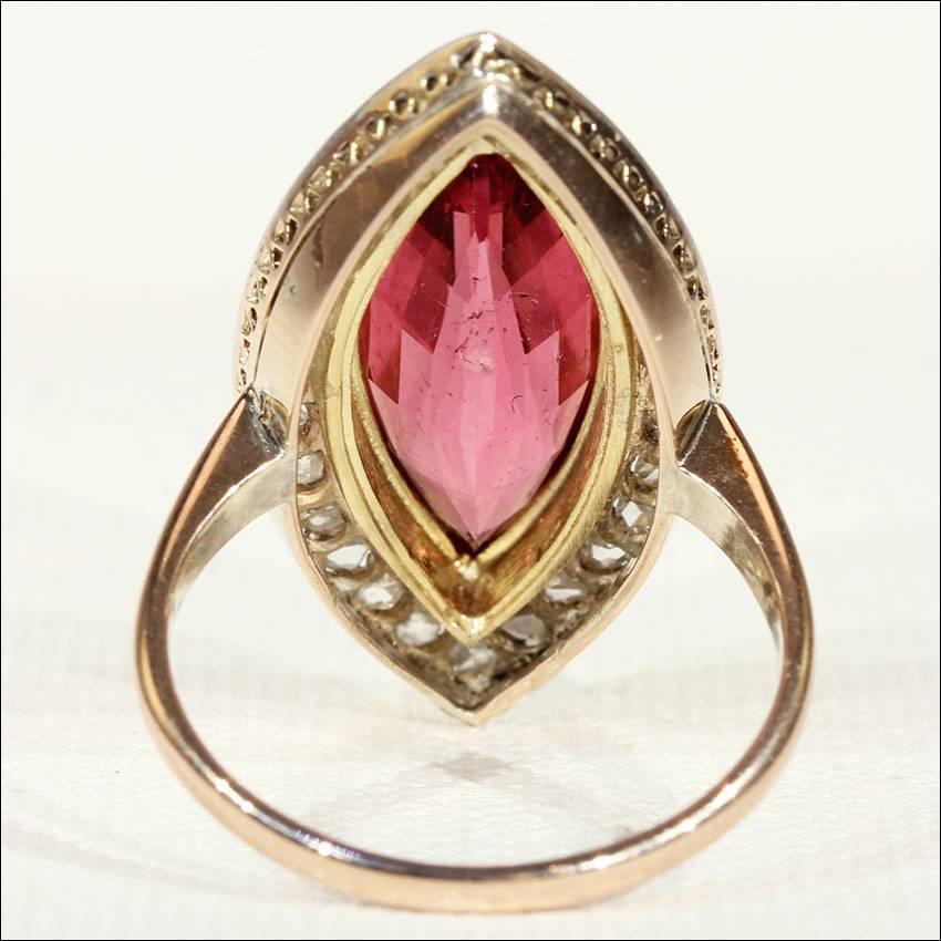 Marquise Cut Edwardian Navette Pink Tourmaline Diamond Gold Ring For Sale