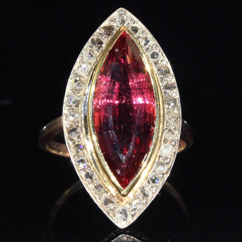 Edwardian Navette Pink Tourmaline Diamond Gold Ring For Sale 1