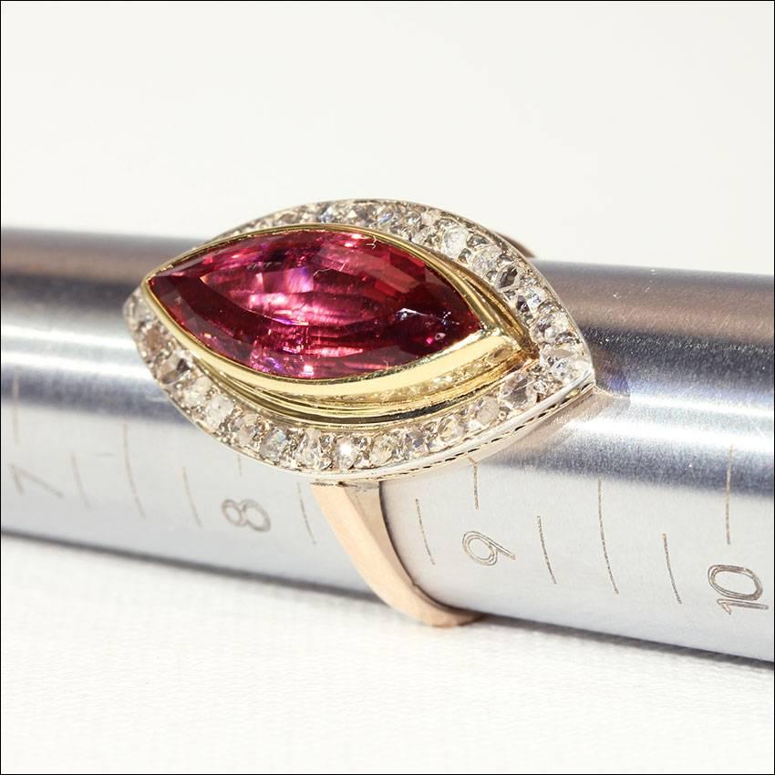 Edwardian Navette Pink Tourmaline Diamond Gold Ring For Sale 2