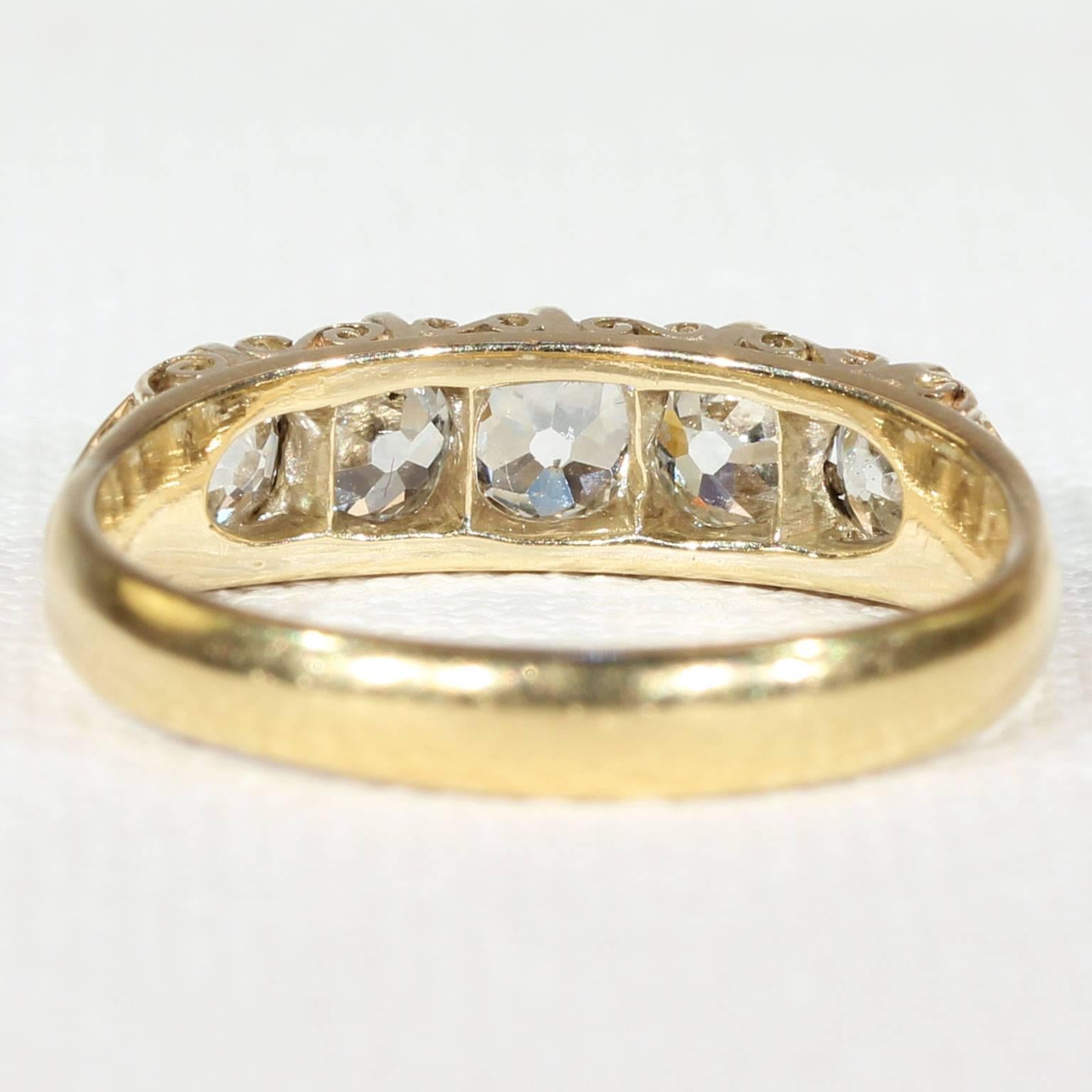 Old European Cut Antique Victorian Five Stone Diamond Gold Ring For Sale