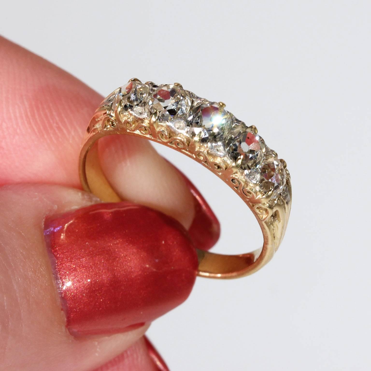 Women's or Men's Antique Victorian Five Stone Diamond Gold Ring For Sale