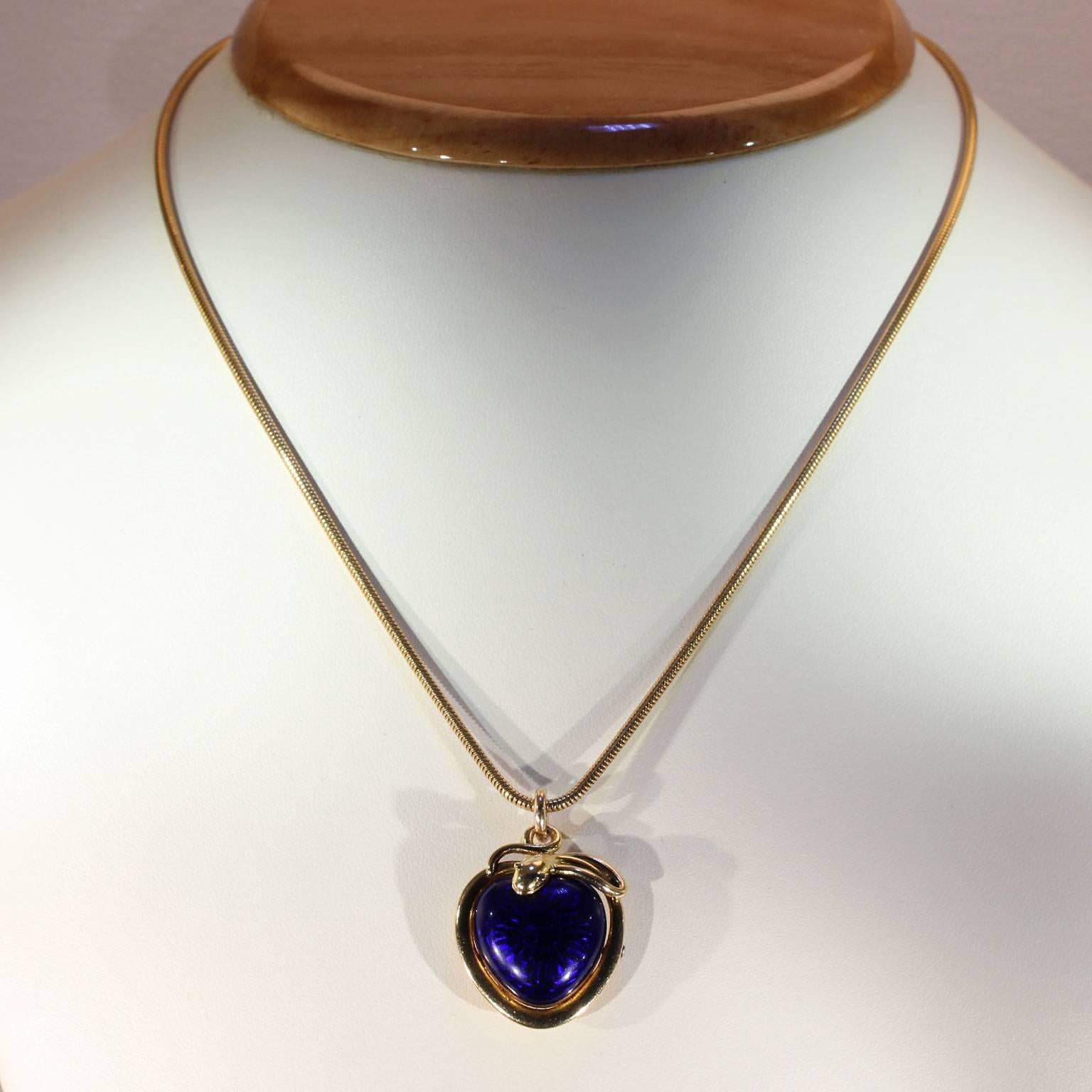 Victorian Blue Enamel Snake Heart Pendant Necklace, 1851 In Excellent Condition In Middleton, WI