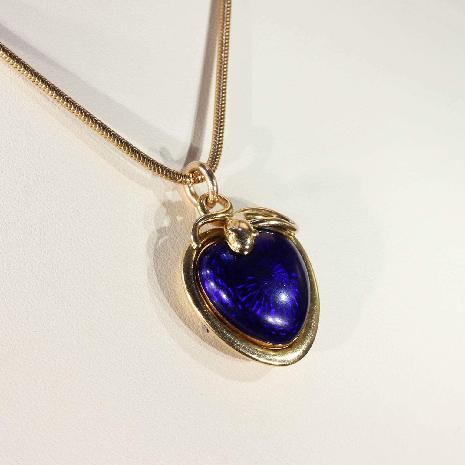 Women's Victorian Blue Enamel Snake Heart Pendant Necklace, 1851