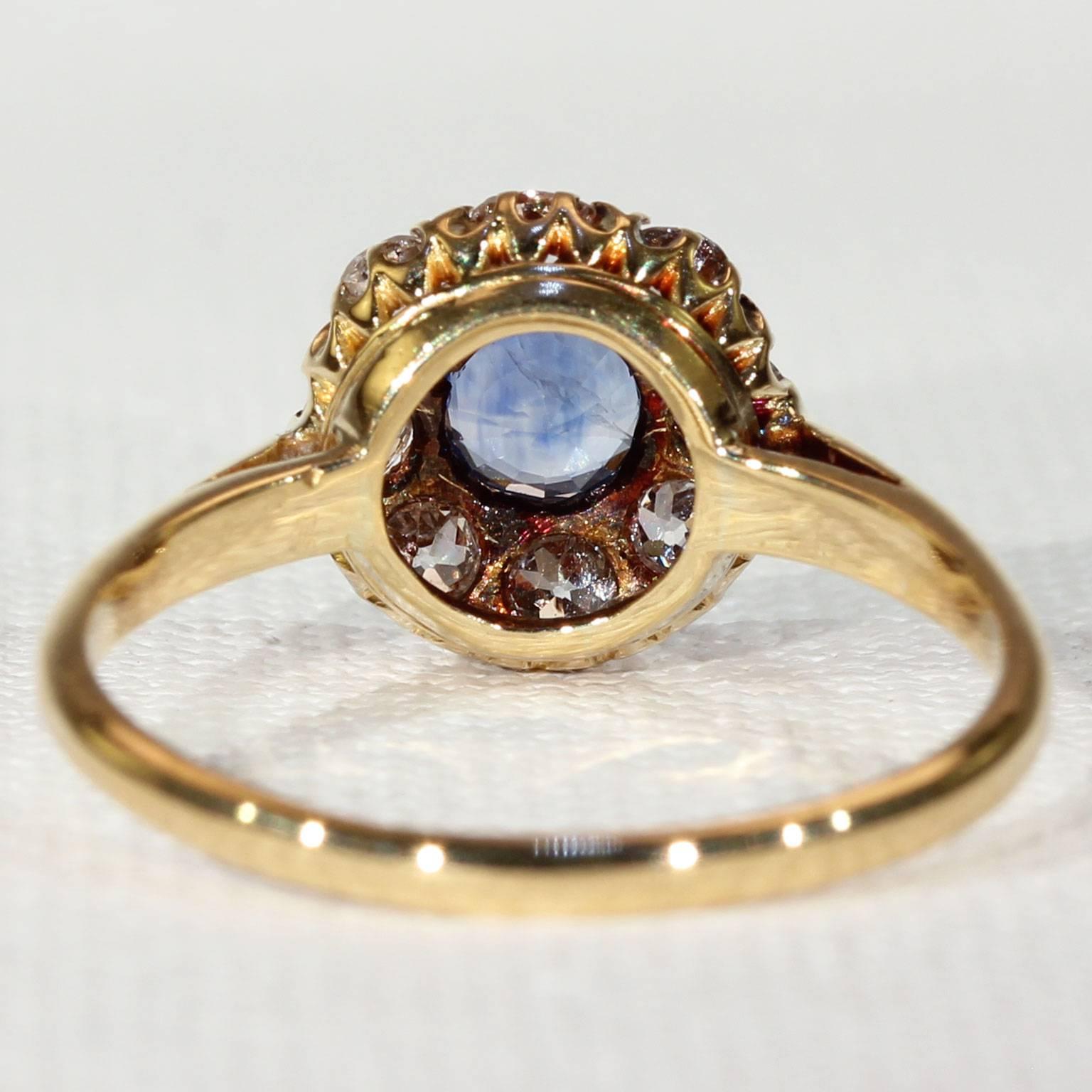 Victorian Blue Sapphire Diamond Cluster Ring In Excellent Condition In Middleton, WI