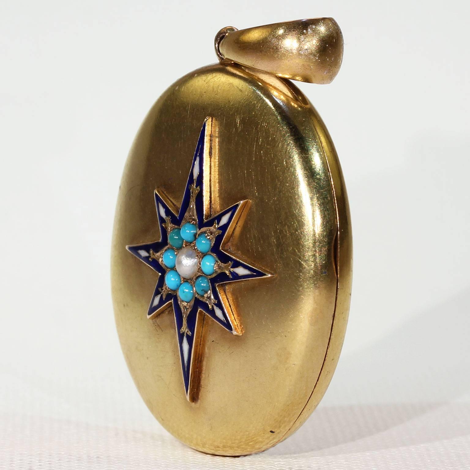 This antique Victorian locket was handcrafted around 1890, in England. It’s done in 18 karat yellow gold and set with a turquoise and pearl star motif. Beautiful dark blue and white enamel give the star depth and beauty. When opened, it reveals a