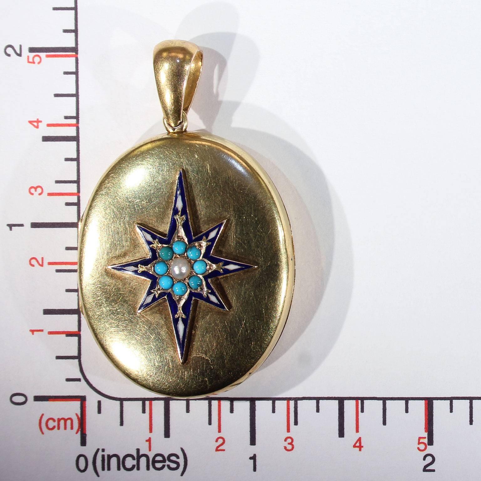 Victorian Enamel Pearl Turquoise Gold Locket 4