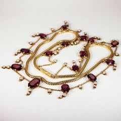 Victorian Garnet Pearl Festoon Necklace in Original Box