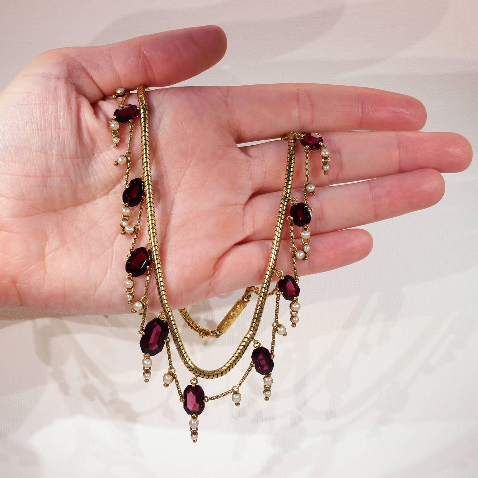 Women's or Men's Victorian Garnet Pearl Festoon Necklace in Original Box For Sale