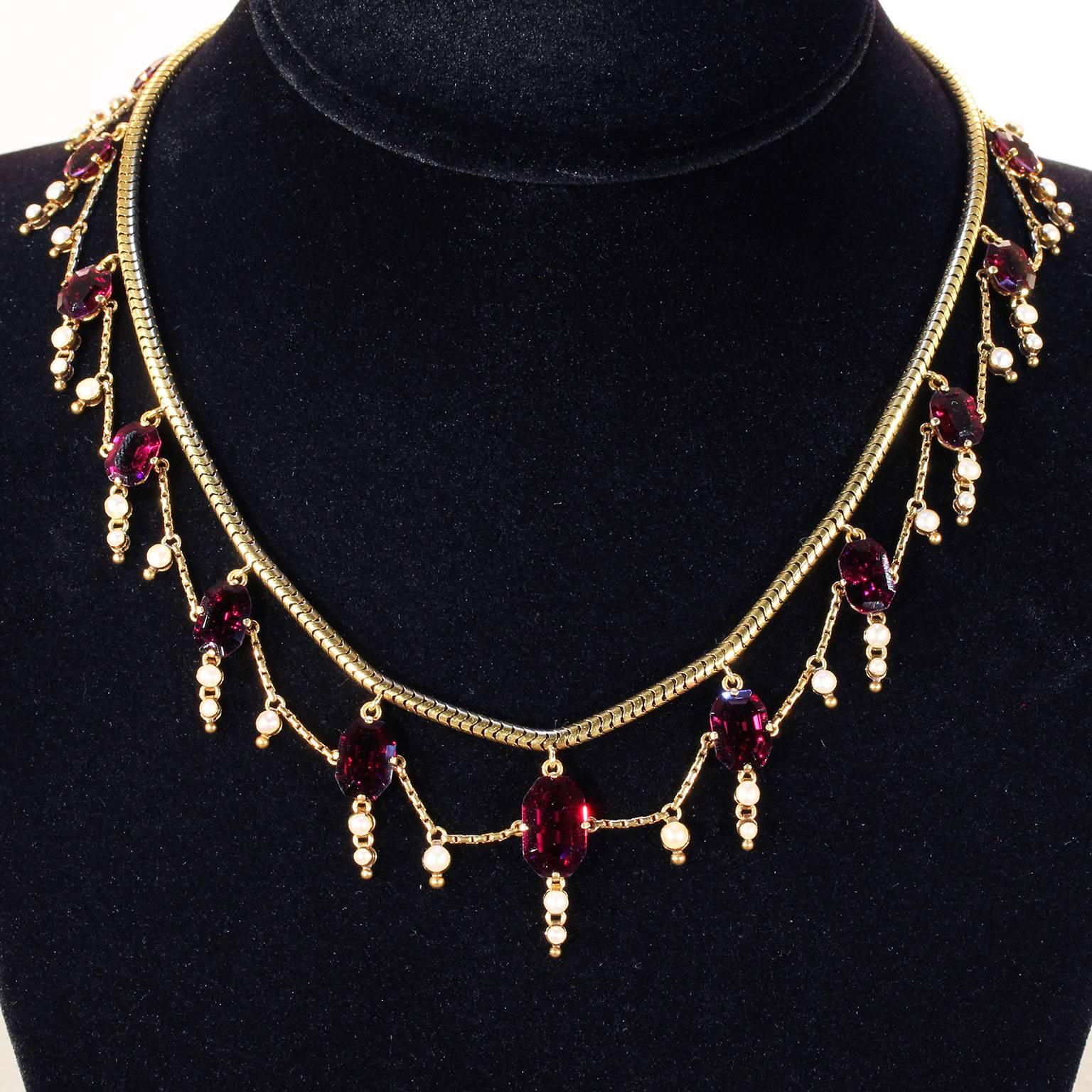 Victorian Garnet Pearl Festoon Necklace in Original Box For Sale 1