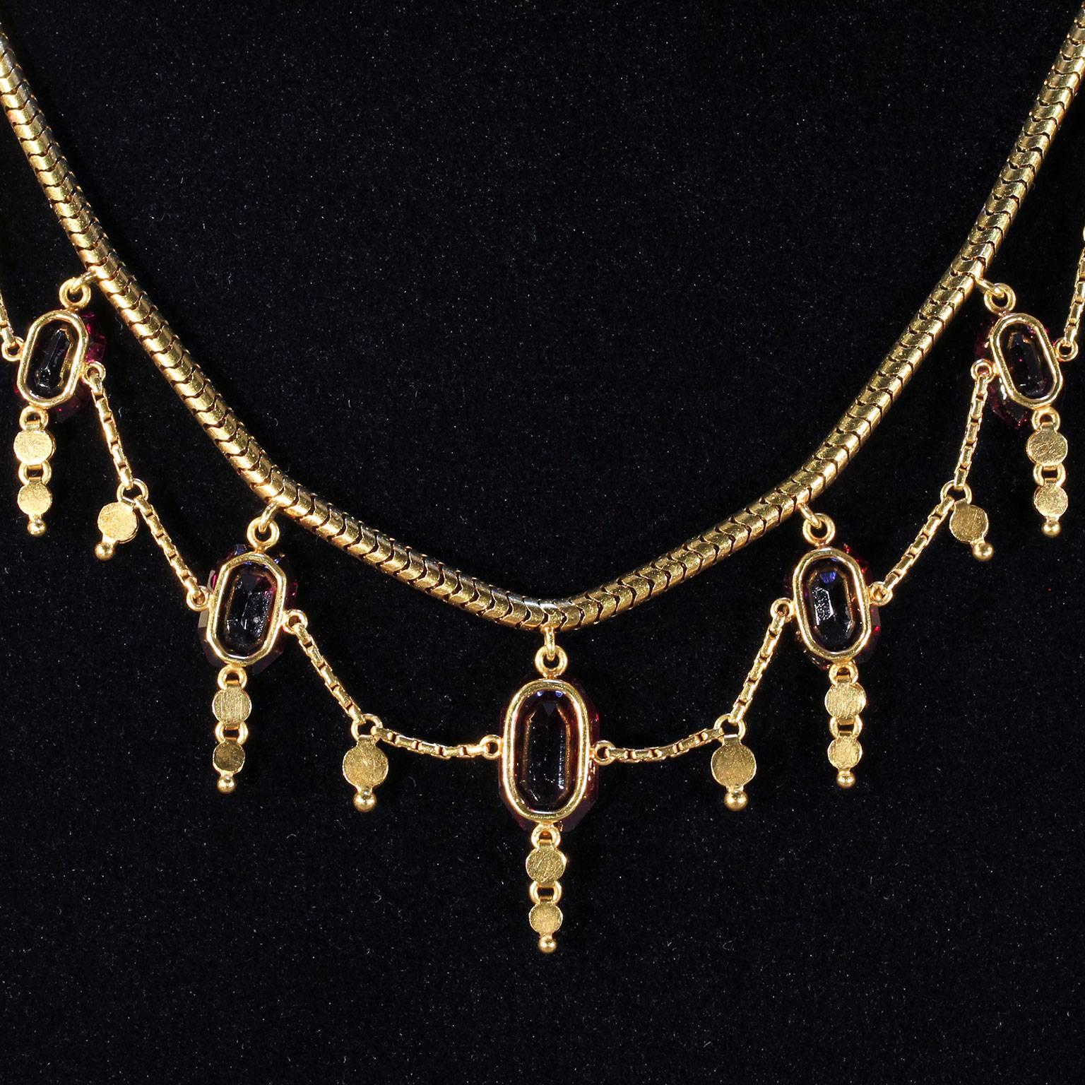 Victorian Garnet Pearl Festoon Necklace in Original Box For Sale 2