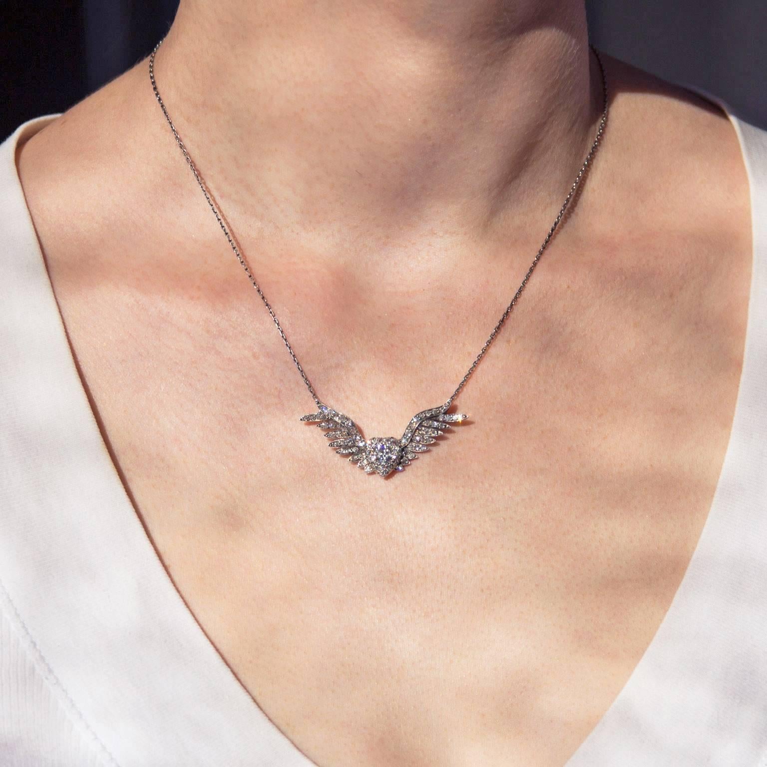 Old European Cut Victorian Diamond Heart and Wings Necklace