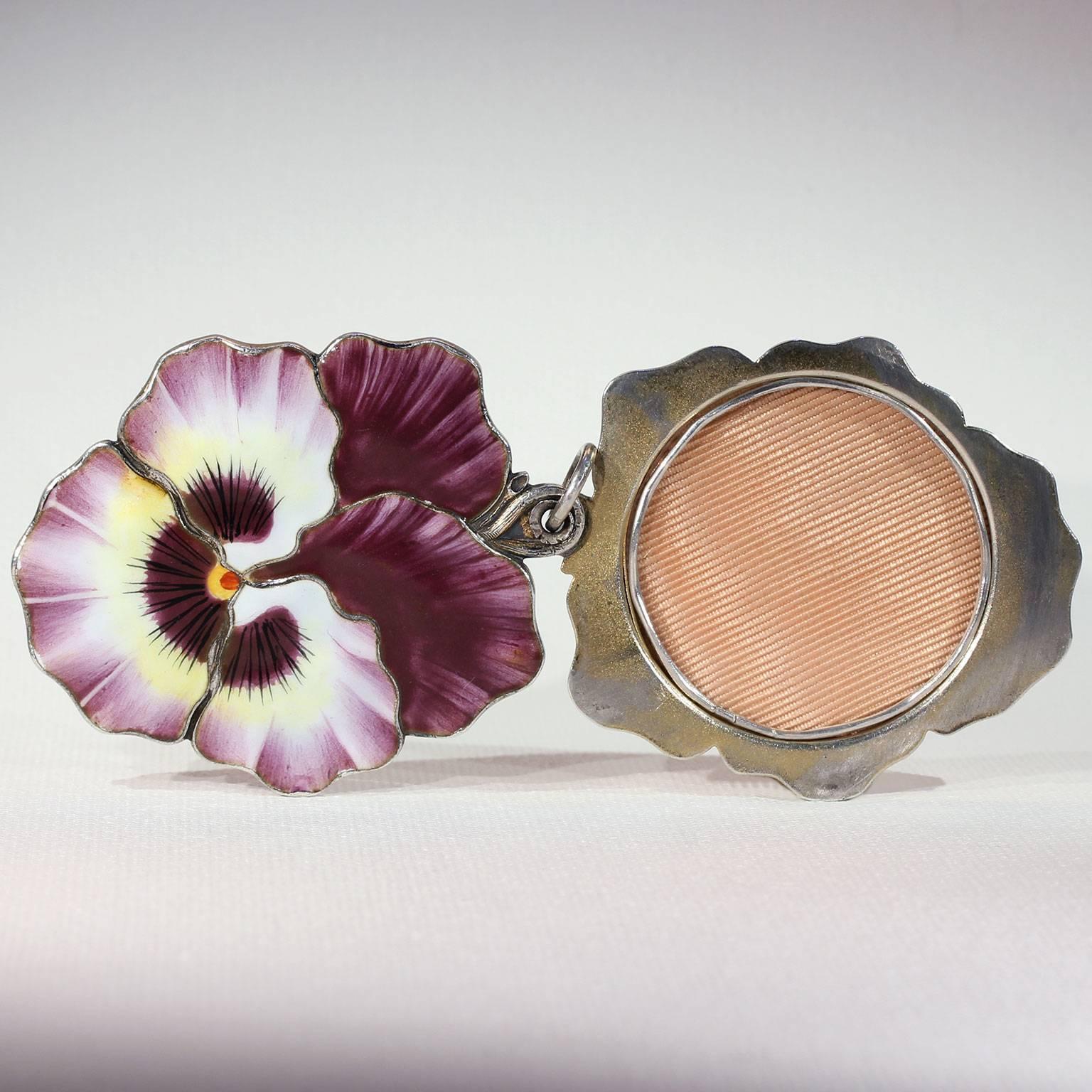 Women's or Men's Edwardian Pansy Flower Enamel Locket Silver For Sale