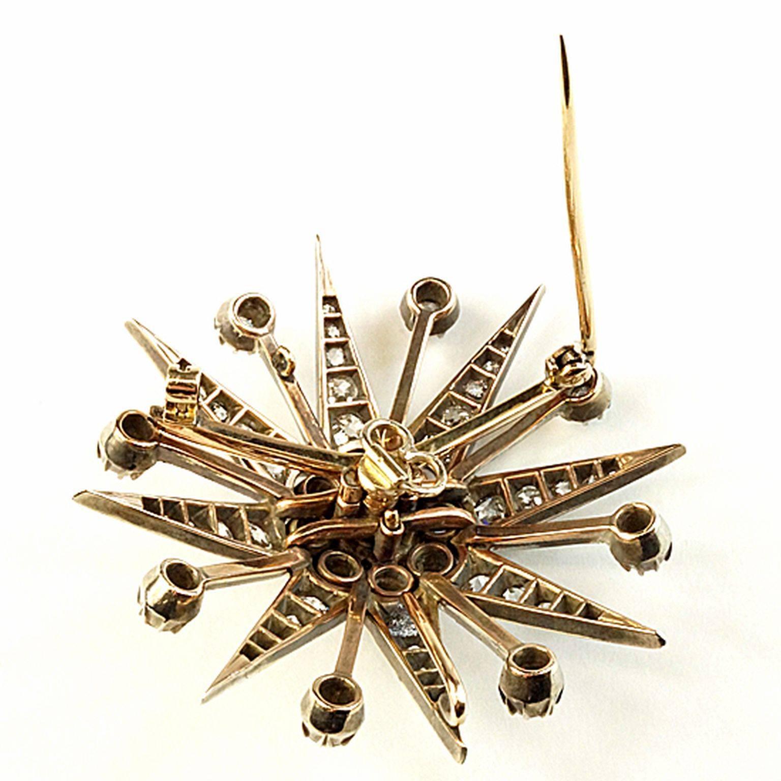 C. 1910 starburst brooch. Sterling silver front with rose gold back removable pin
so it can also be worn as a pendant.
Approximately 5.25 ct. Old European cut diamonds.
Measures 1 3/4 in. (4.4 cm) in length and width.
