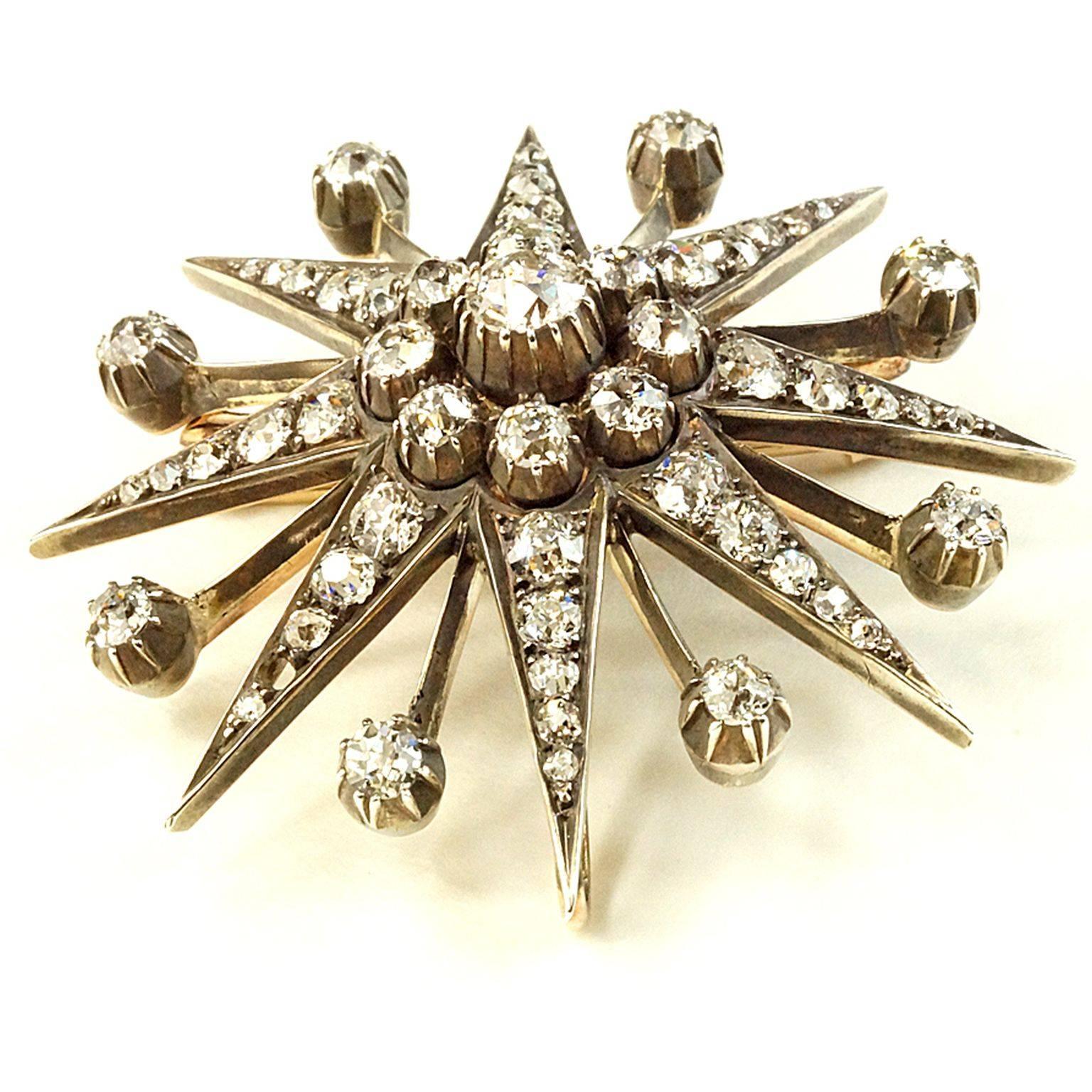 Circa 1910 Diamond Starburst Brooch  5.25ct In Excellent Condition For Sale In Houston, TX
