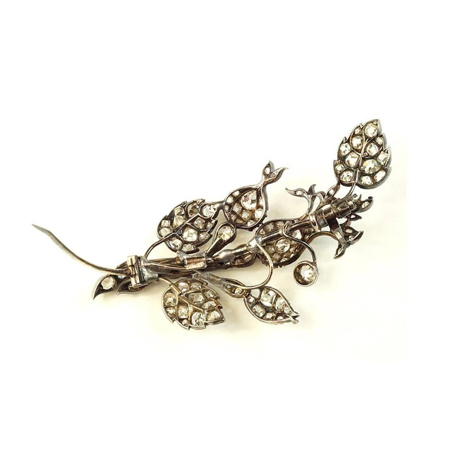 Antique Victorian Rose cut Diamond silver gold Flower Spray Brooch  In Excellent Condition For Sale In Houston, TX