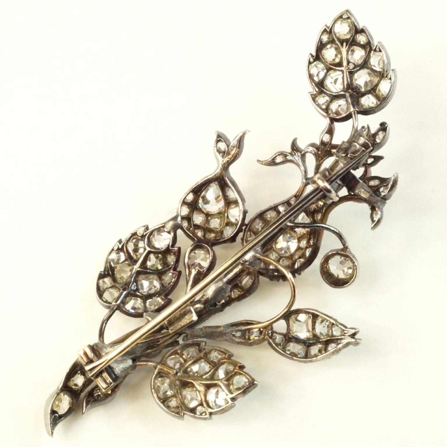 Women's Antique Victorian Rose cut Diamond silver gold Flower Spray Brooch  For Sale