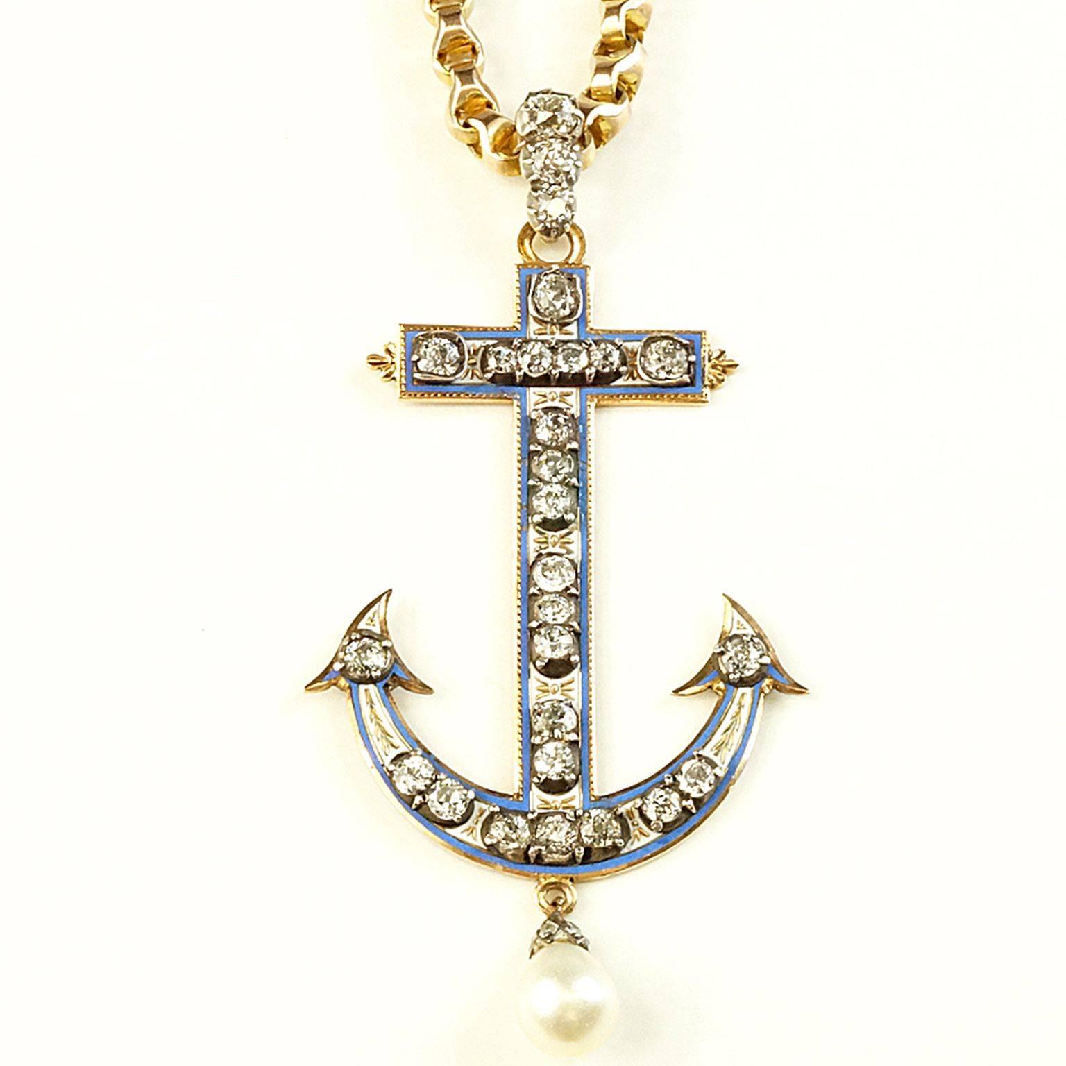 Antique Victorian Diamond Two Color Gold Anchor Pendant Necklace  In Excellent Condition In Houston, TX