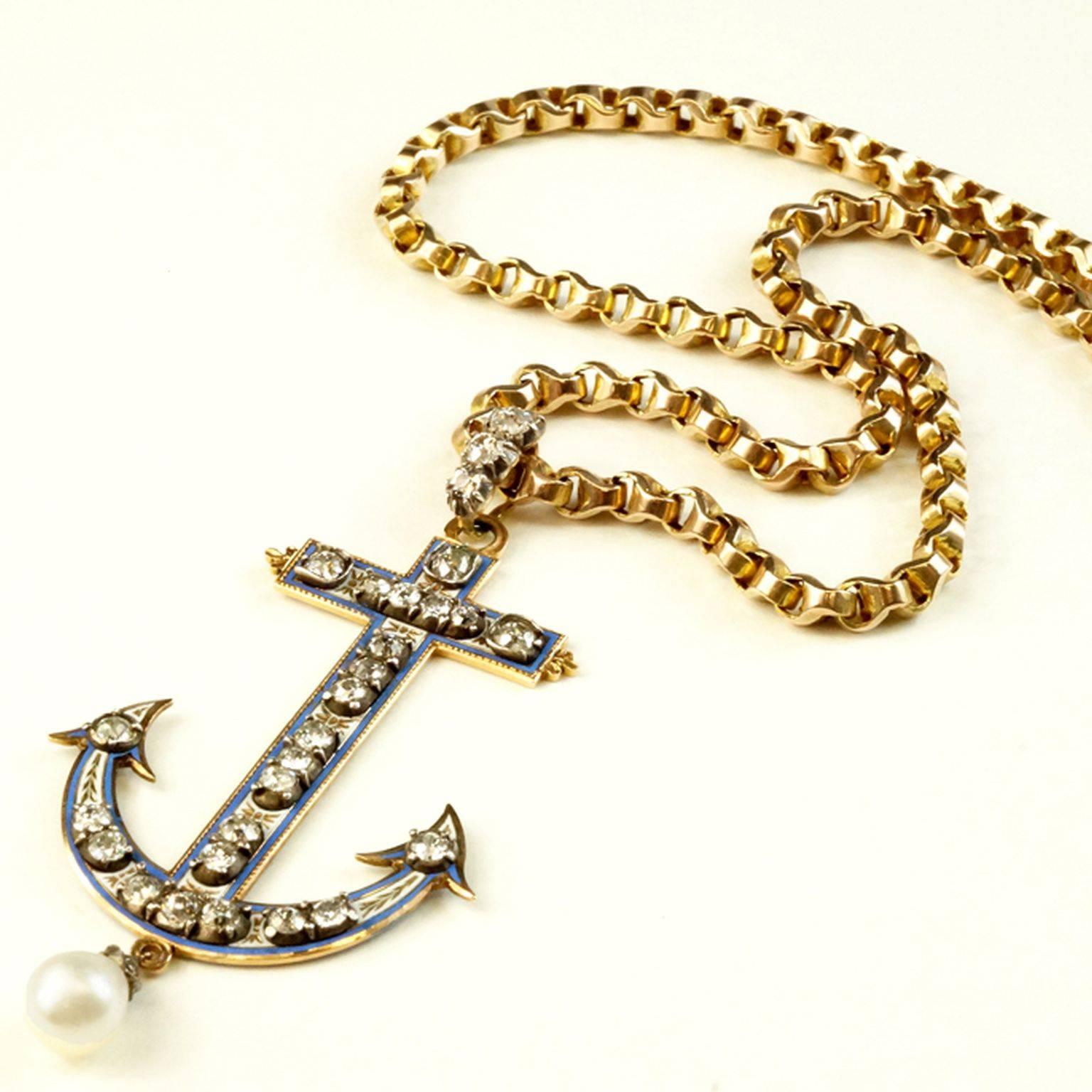 Women's Antique Victorian Diamond Two Color Gold Anchor Pendant Necklace 