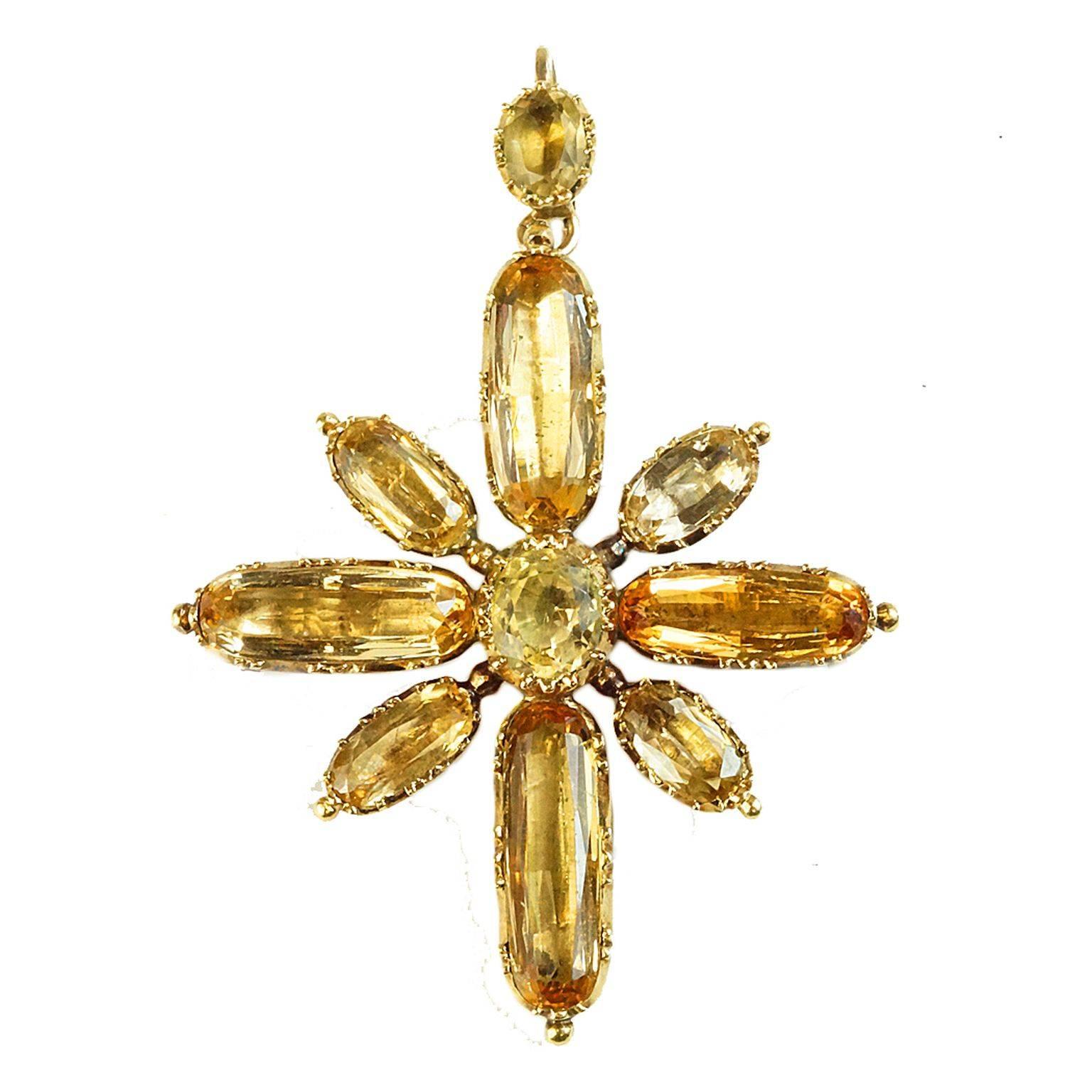 Antique Aucoc Paris  Imperial Topaz Flower Cross Brooch Pendant For Sale