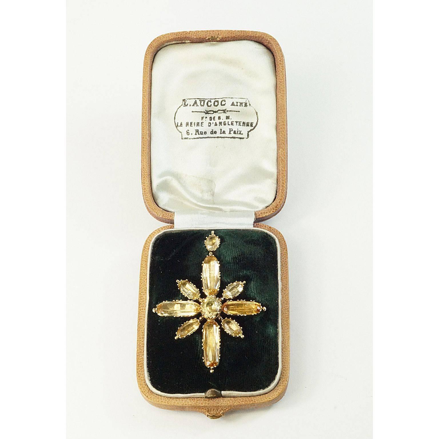 Antique Aucoc Paris  Imperial Topaz Flower Cross Brooch Pendant In Excellent Condition For Sale In Houston, TX