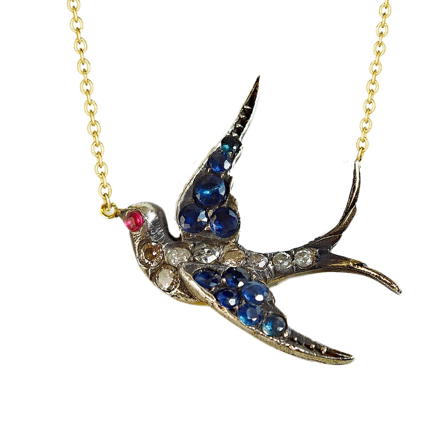 Victorian Sapphire and Diamond Swallow Necklace For Sale