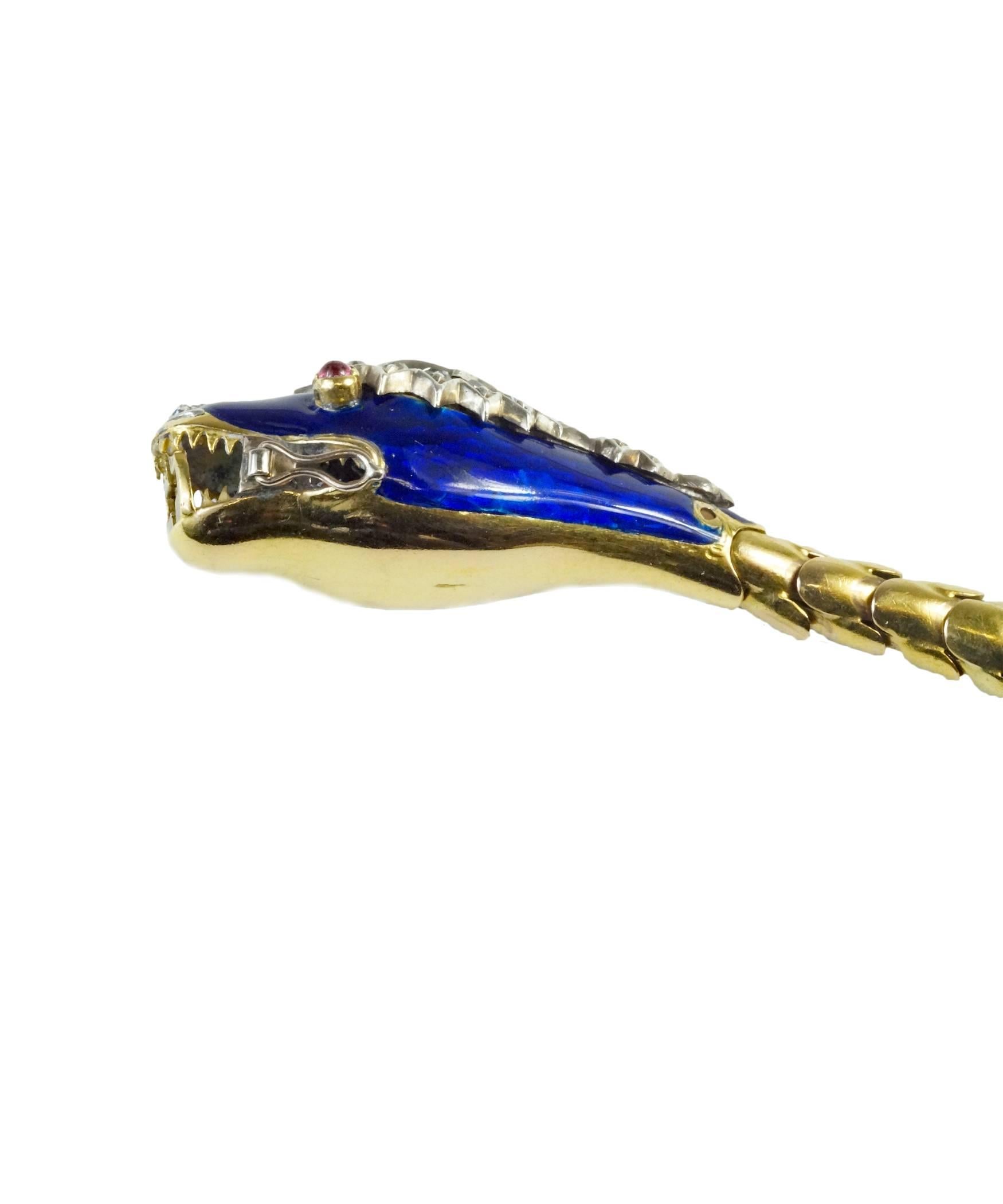 Women's Victorian Blue Enamel Diamonds Snake Necklace Bracelet   For Sale