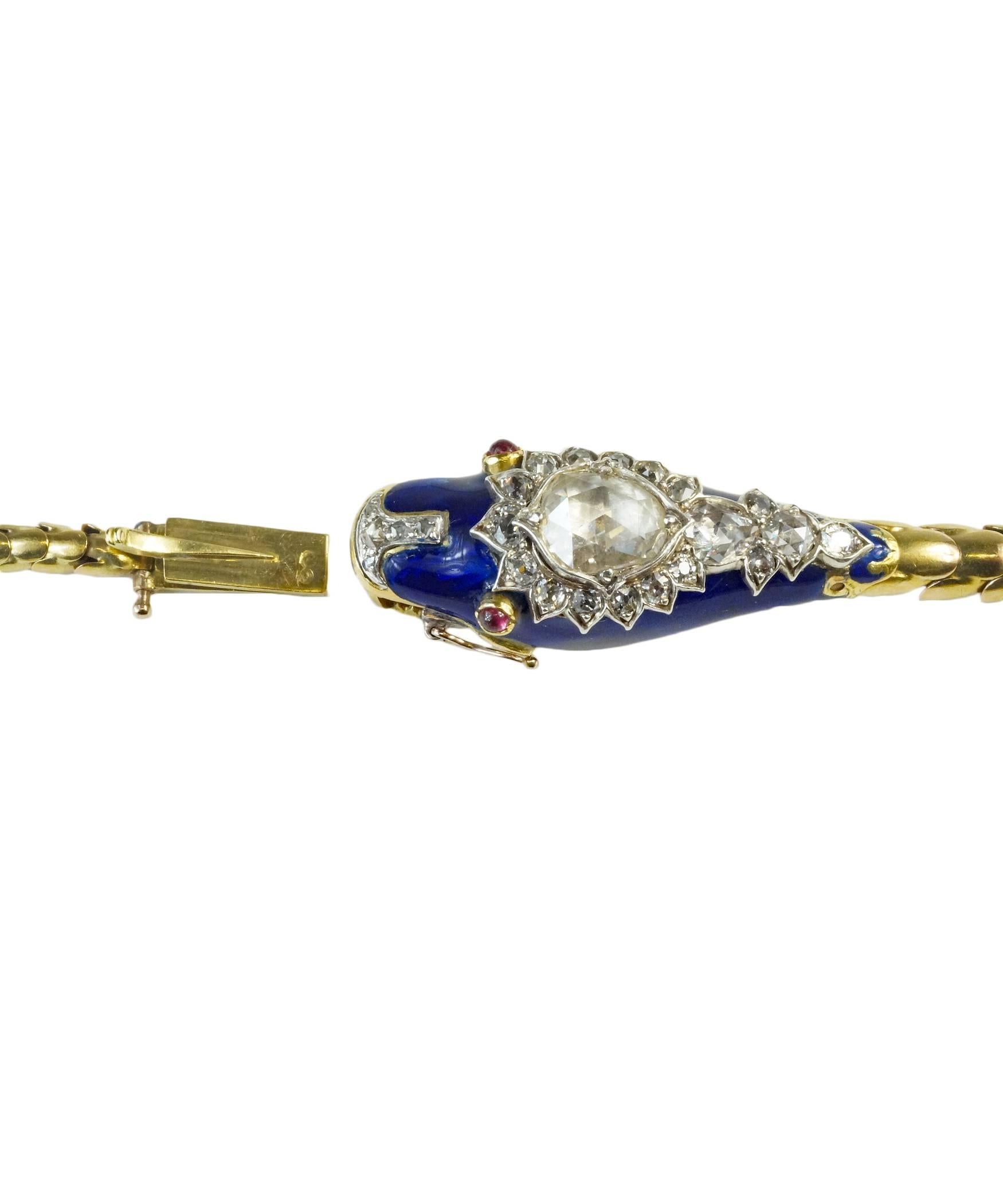 Victorian Blue Enamel Diamonds Snake Necklace Bracelet   For Sale 2